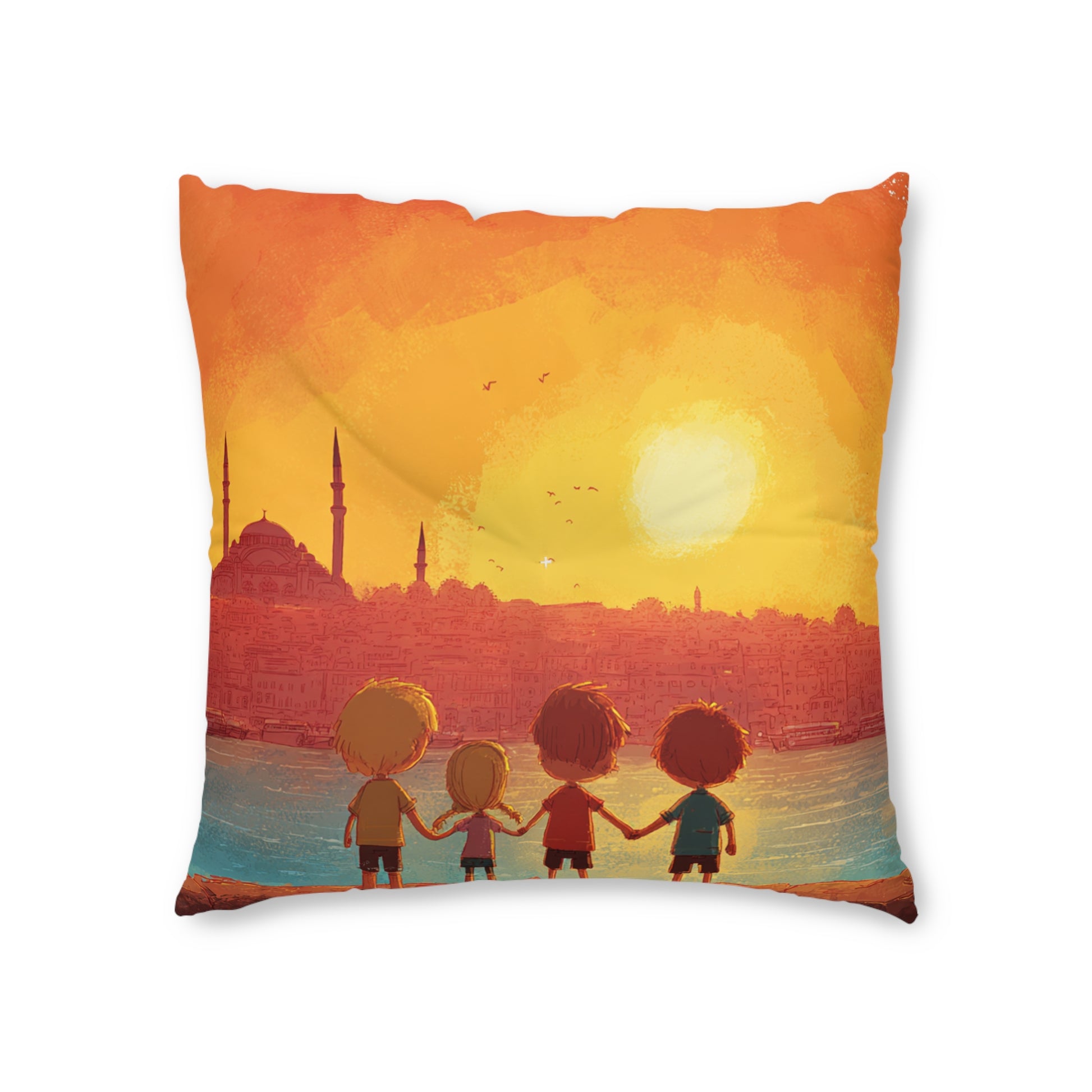 Jewish Kids Over Sunset Tufted Floor Pillow, Square - American Zionist