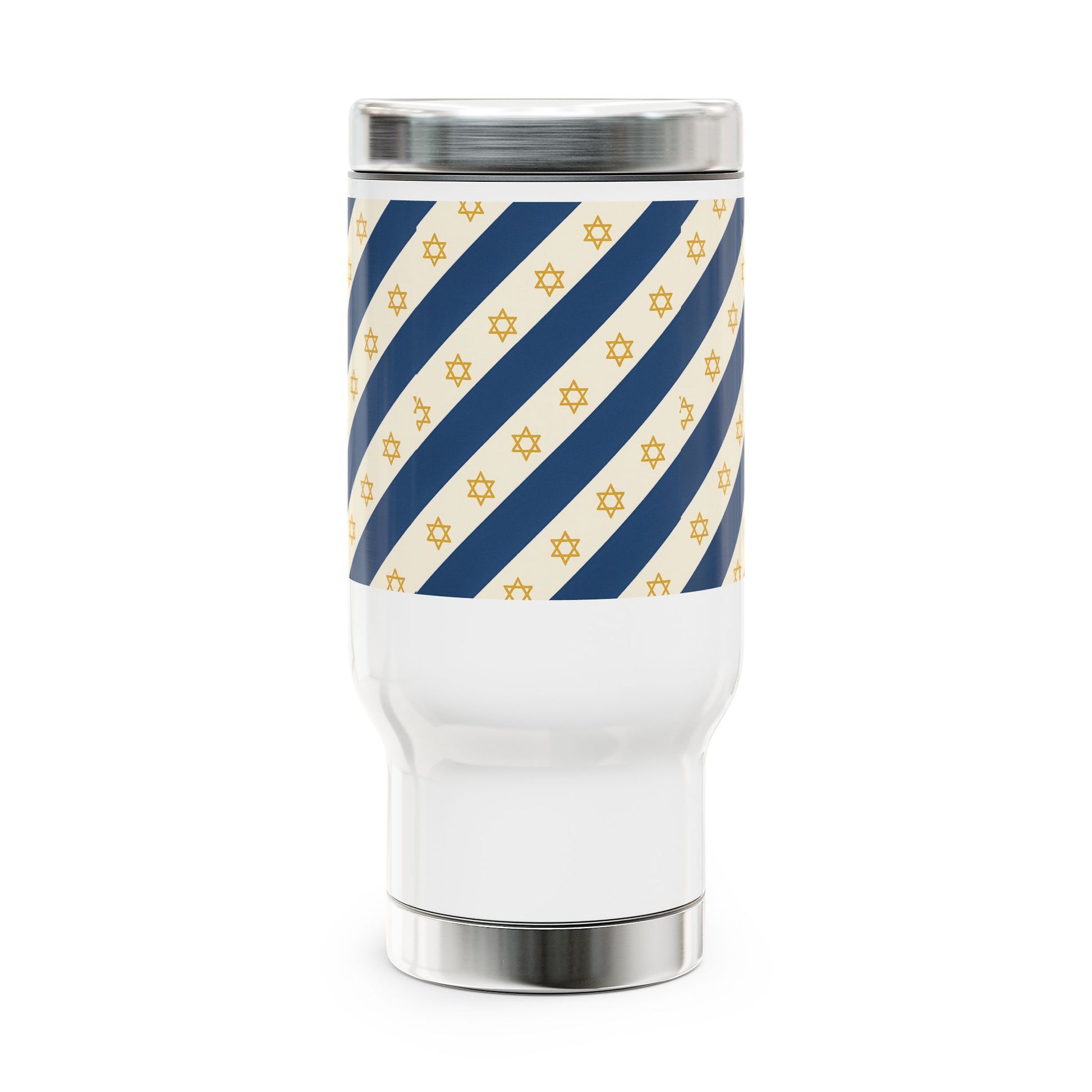 Israel Regalia Stripe Stainless Steel Travel Mug with Handle, 14oz - American Zionist