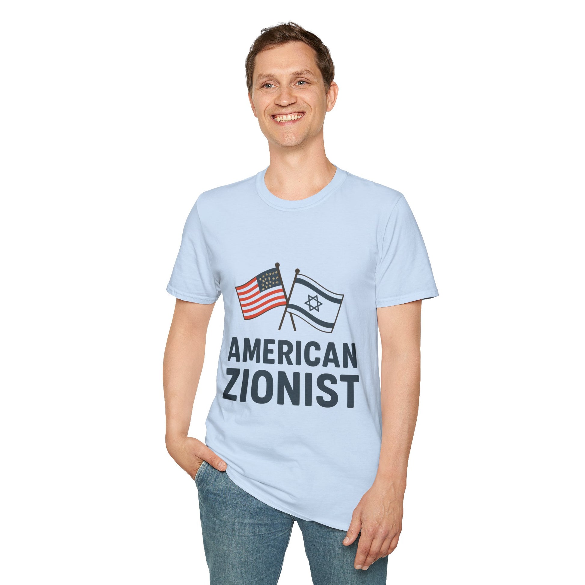 American Zionist: Two Flags Unisex Softstyle T-Shirt - American Zionist