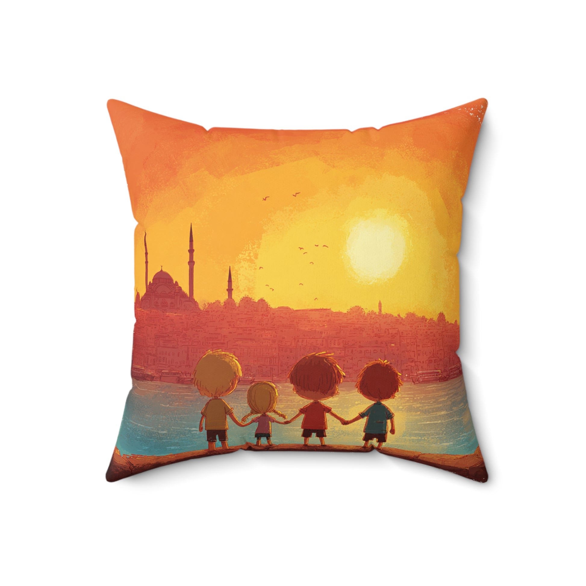 Jewish Kids Over Sunset Spun Polyester Square Pillow - American Zionist