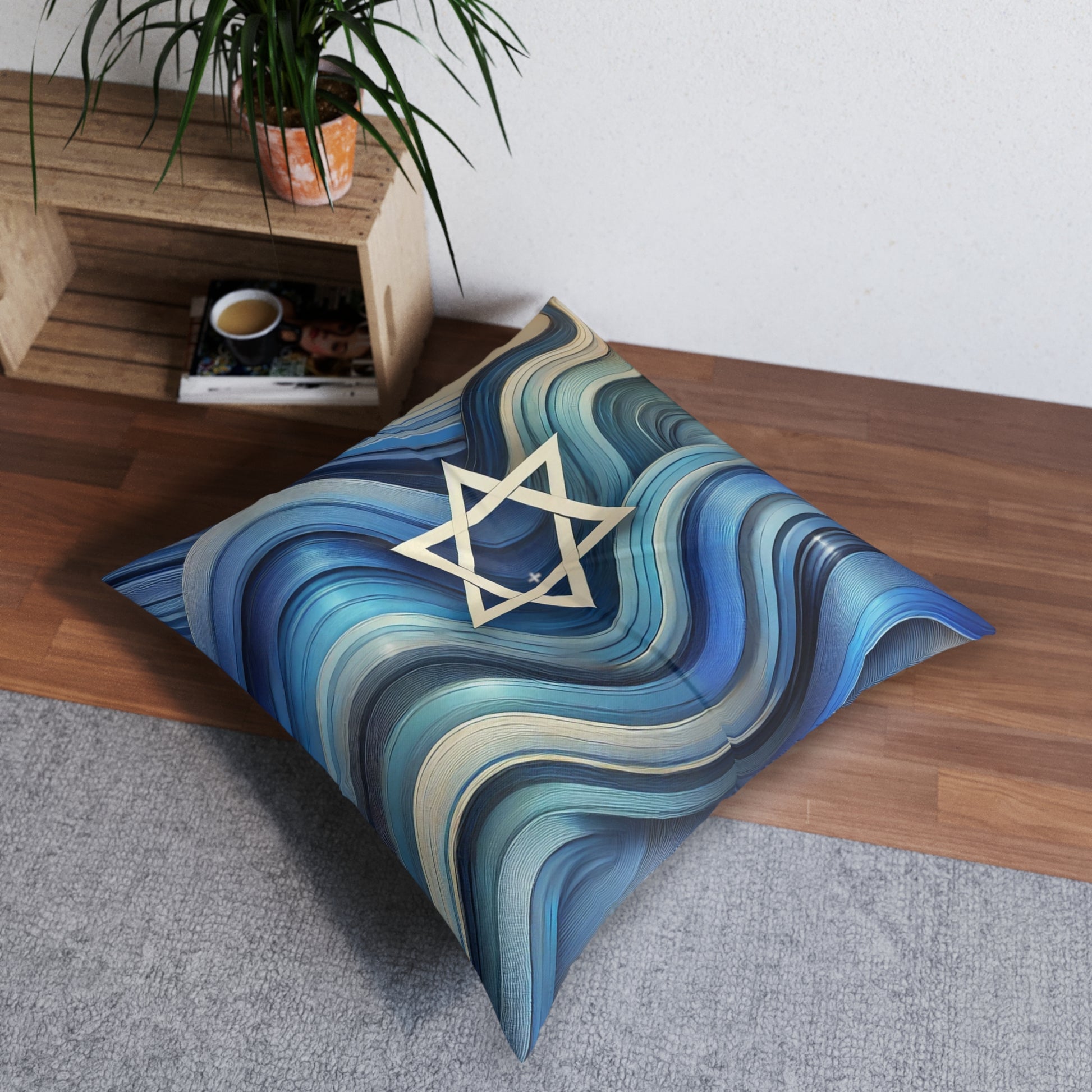 Blue Wave Star Flow Tufted Floor Pillow, Square - American Zionist