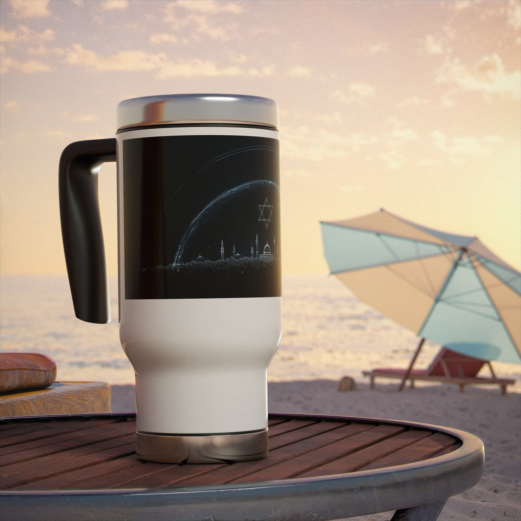 Futuristic City of Israel Stainless Steel Travel Mug with Handle, 14oz - American Zionist