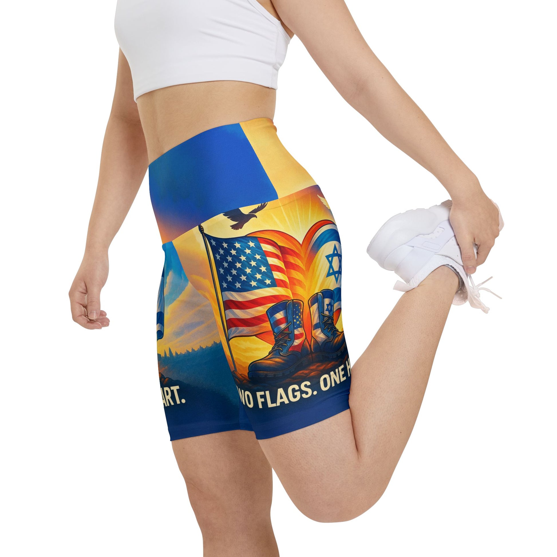 Two Flags One Heart Women's Workout Shorts (AOP) - American Zionist