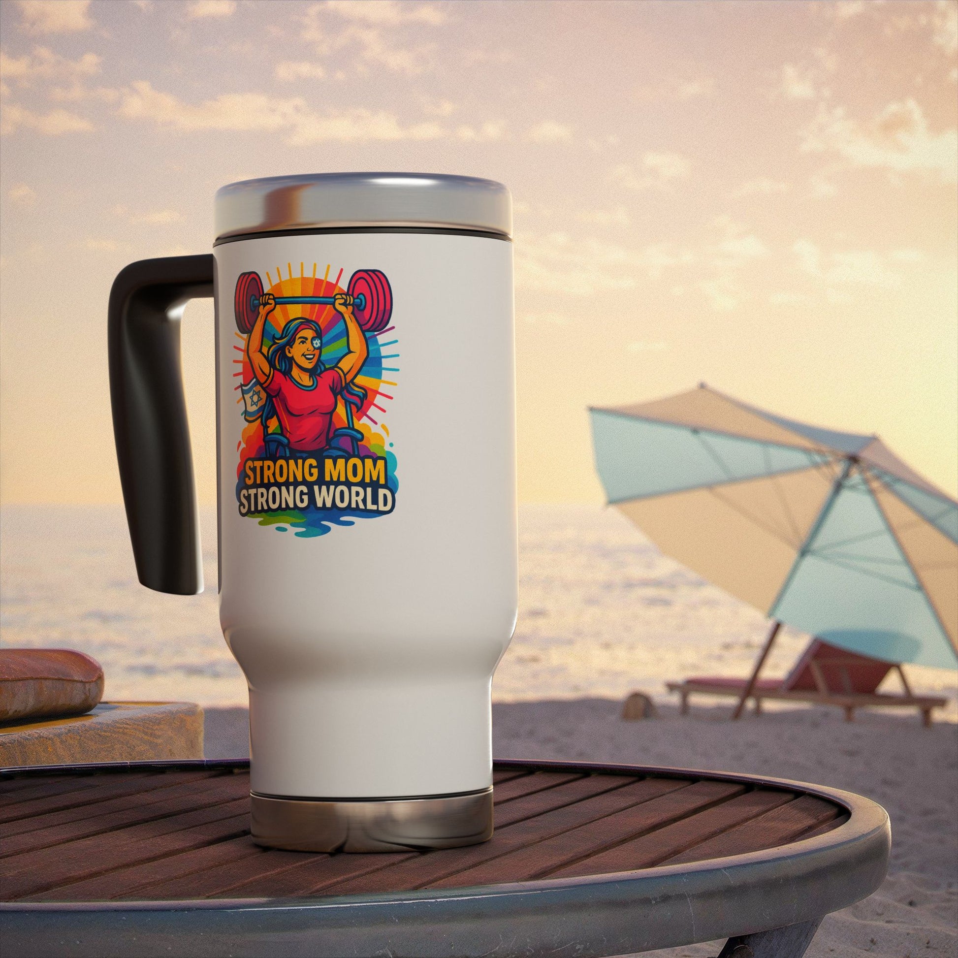 Strong Mom Stainless Steel Travel Mug with Handle, 14oz - American Zionist