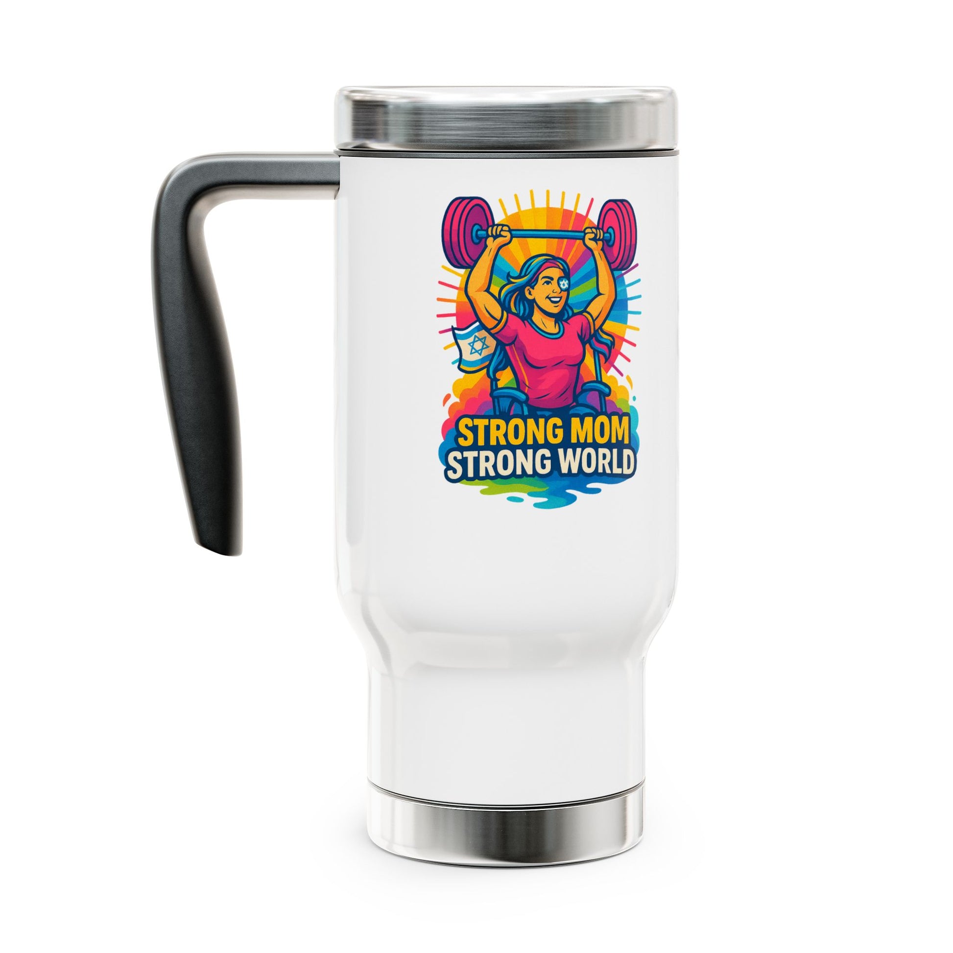 Strong Mom Stainless Steel Travel Mug with Handle, 14oz - American Zionist