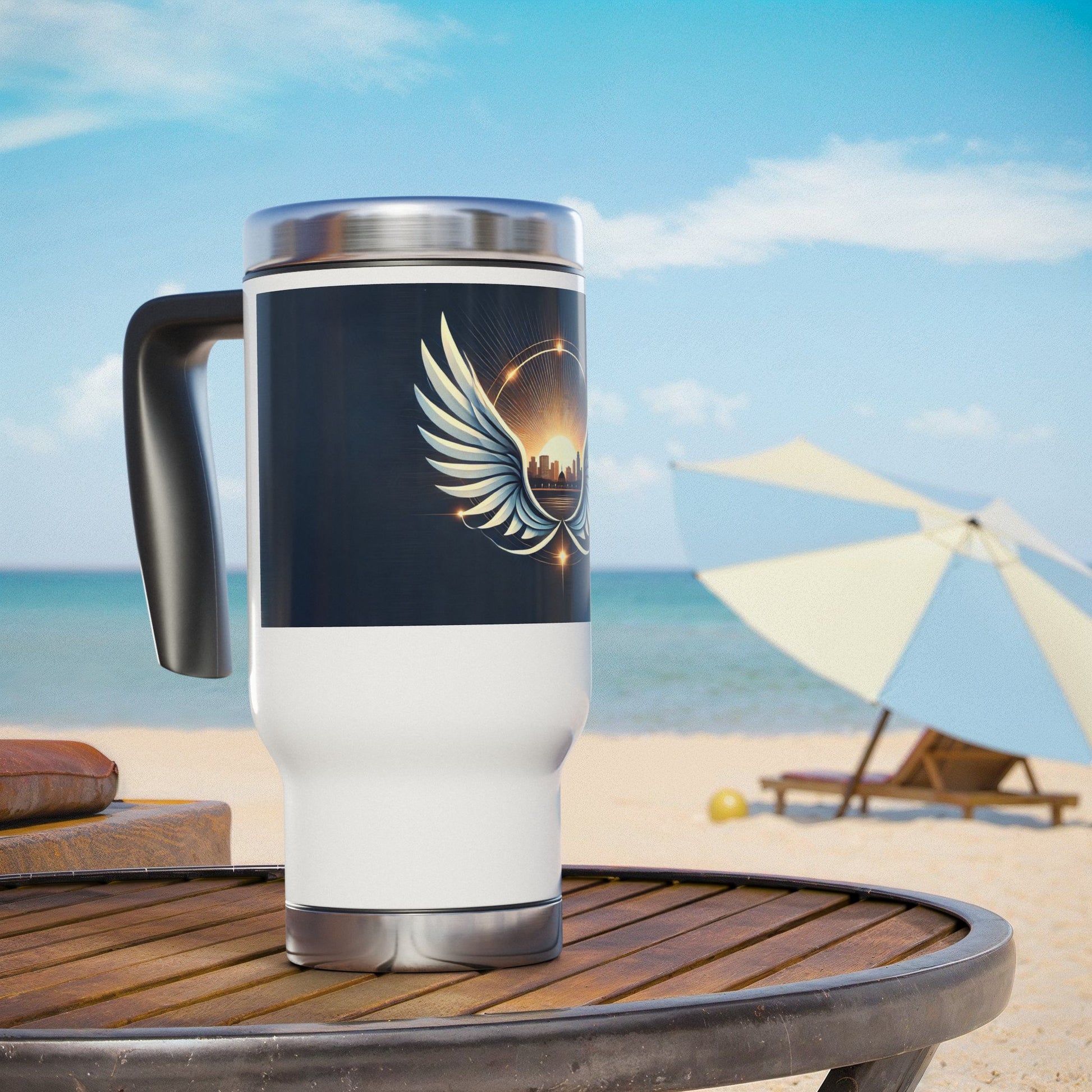 Sunset Wings Stainless Steel Travel Mug with Handle, 14oz - American Zionist