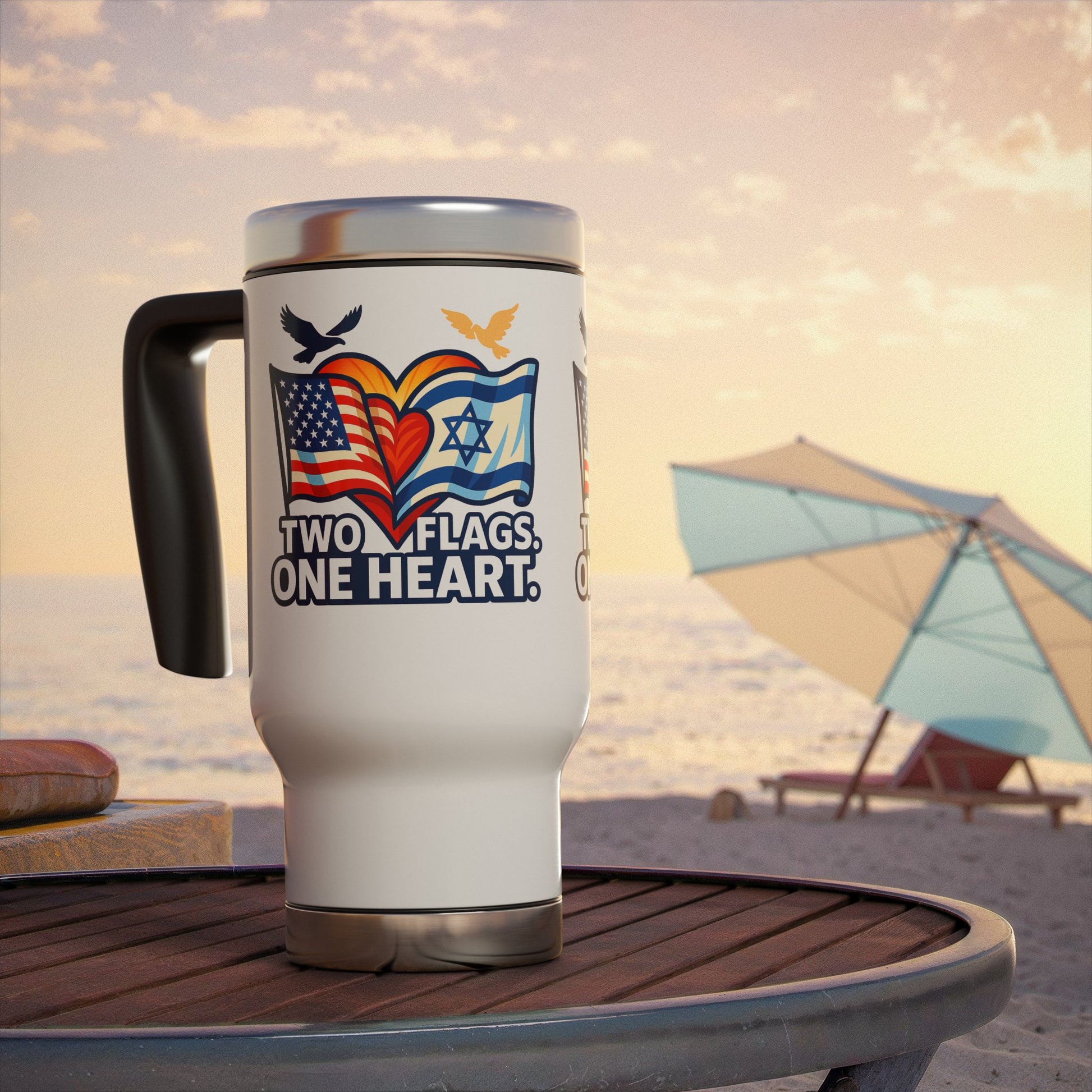 Two Flags. One Heart, Stainless Steel Travel Mug with Handle, 14oz - American Zionist