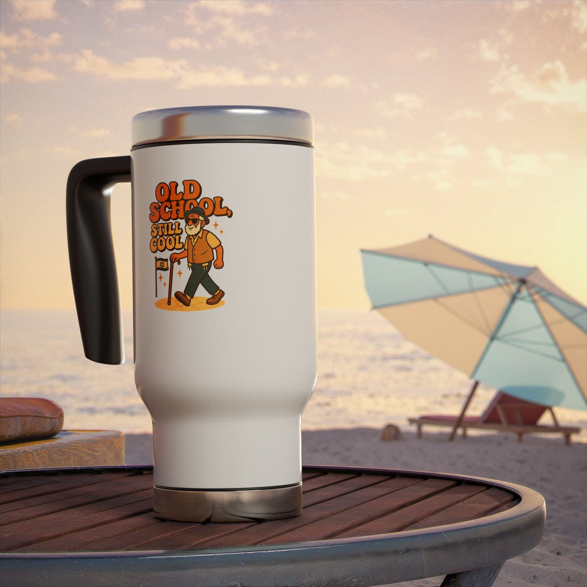 Old School Grandpa Stainless Steel Travel Mug with Handle, 14oz - American Zionist