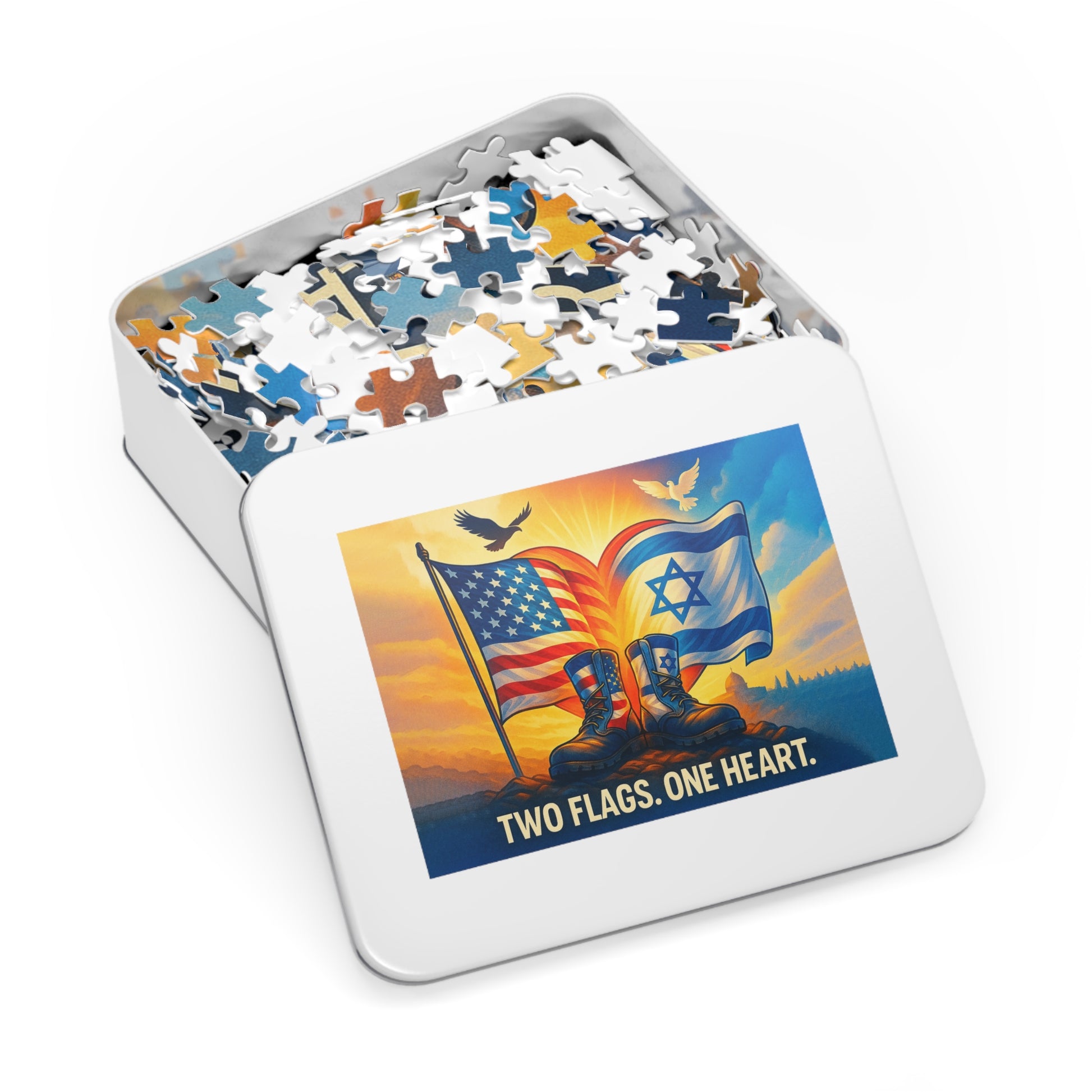 Two Flags One Heart Jigsaw Puzzle with Tin - American Zionist