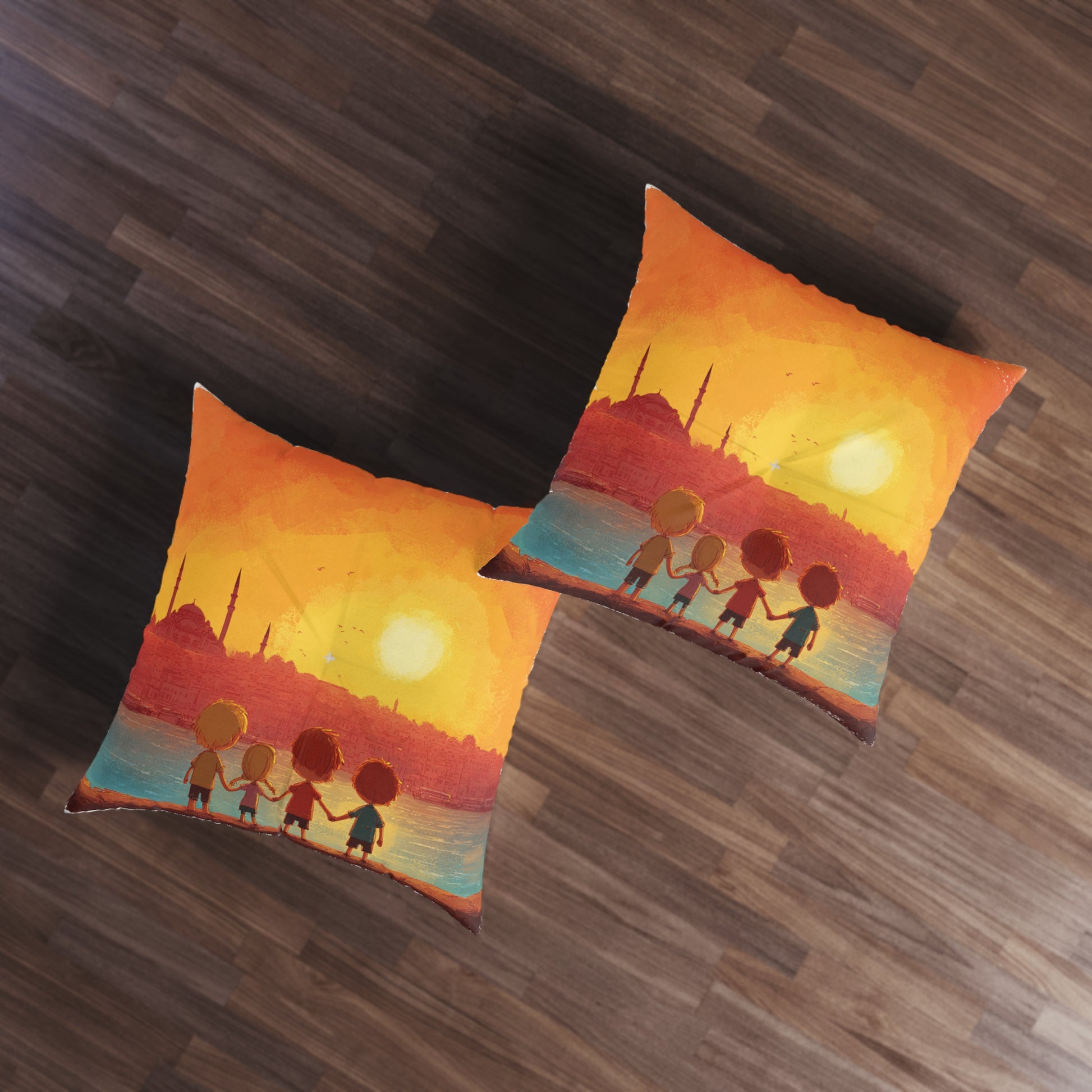 Jewish Kids Over Sunset Tufted Floor Pillow, Square - American Zionist