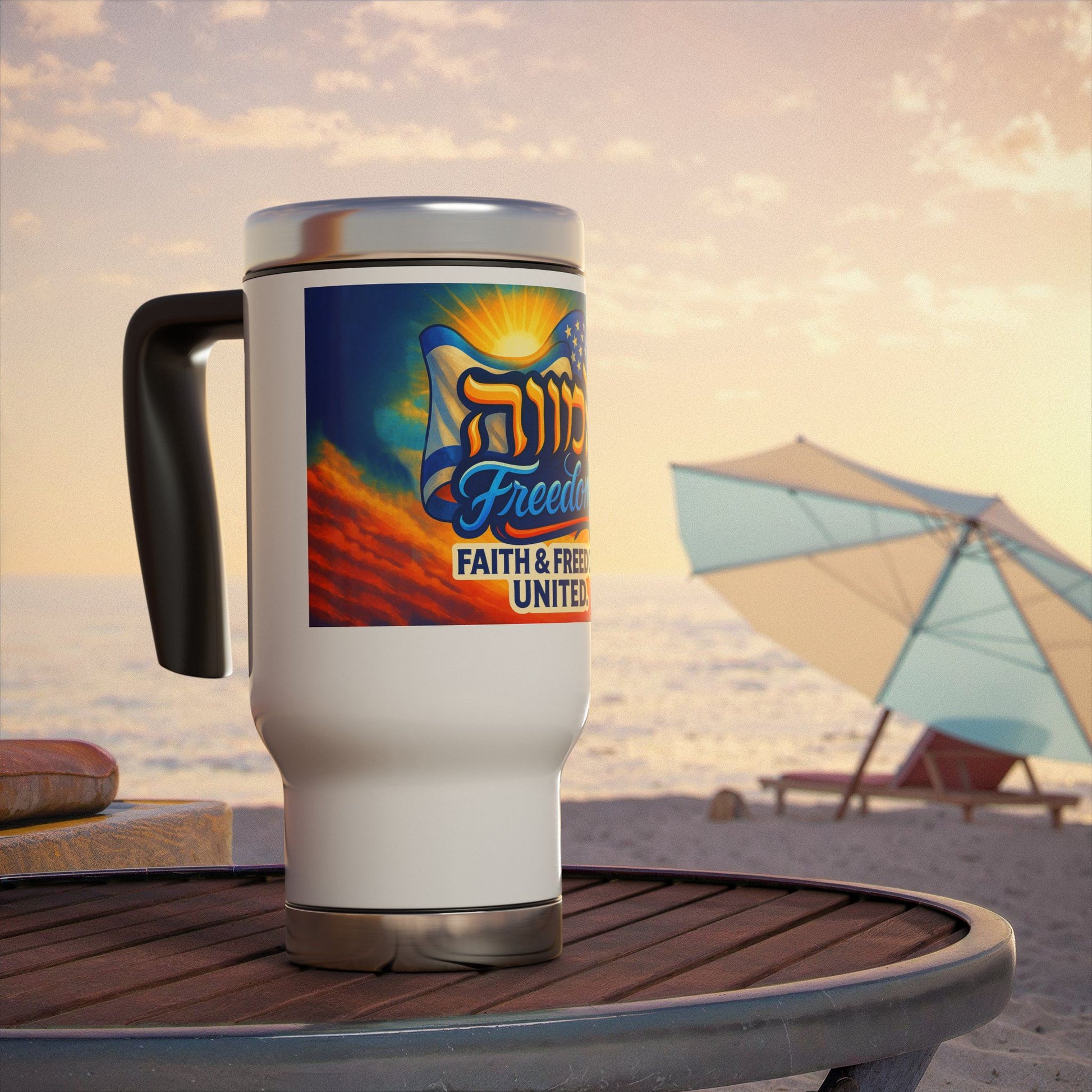 Faith Freedom United Stainless Steel Travel Mug with Handle, 14oz - American Zionist