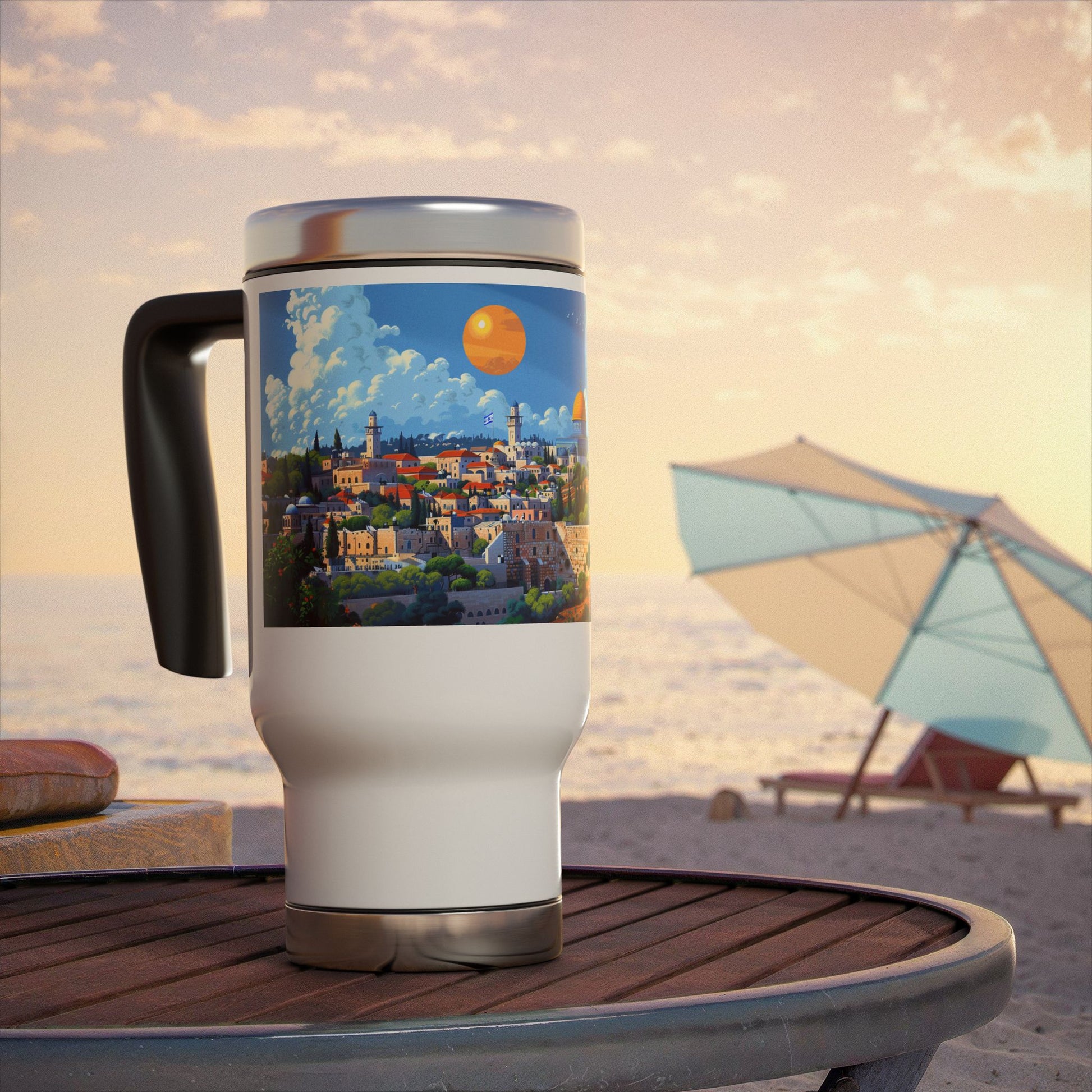 Jerusalem City Skyline Stainless Steel Travel Mug with Handle, 14oz - American Zionist