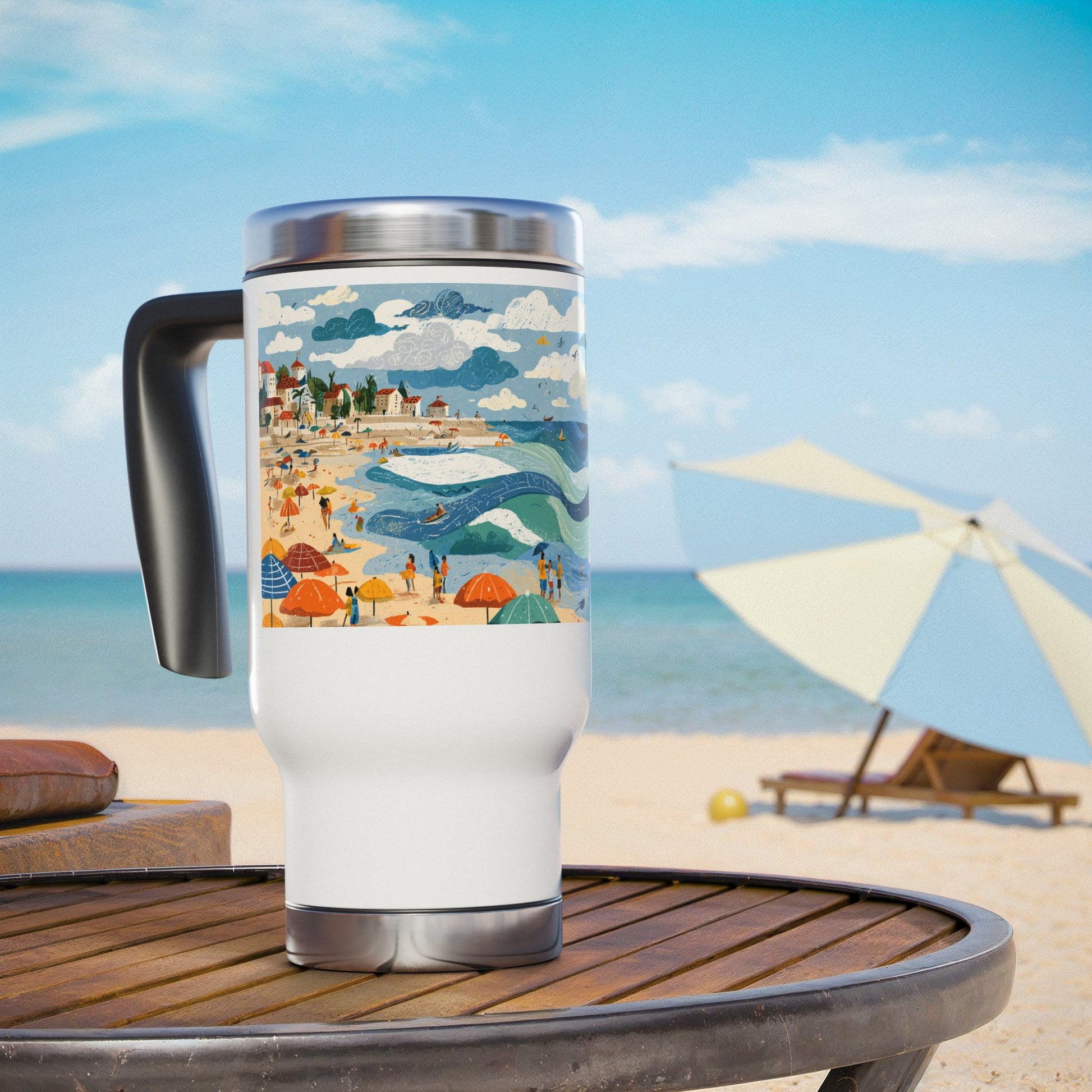 Tel Aviv Beach Stainless Steel Travel Mug with Handle, 14oz - American Zionist