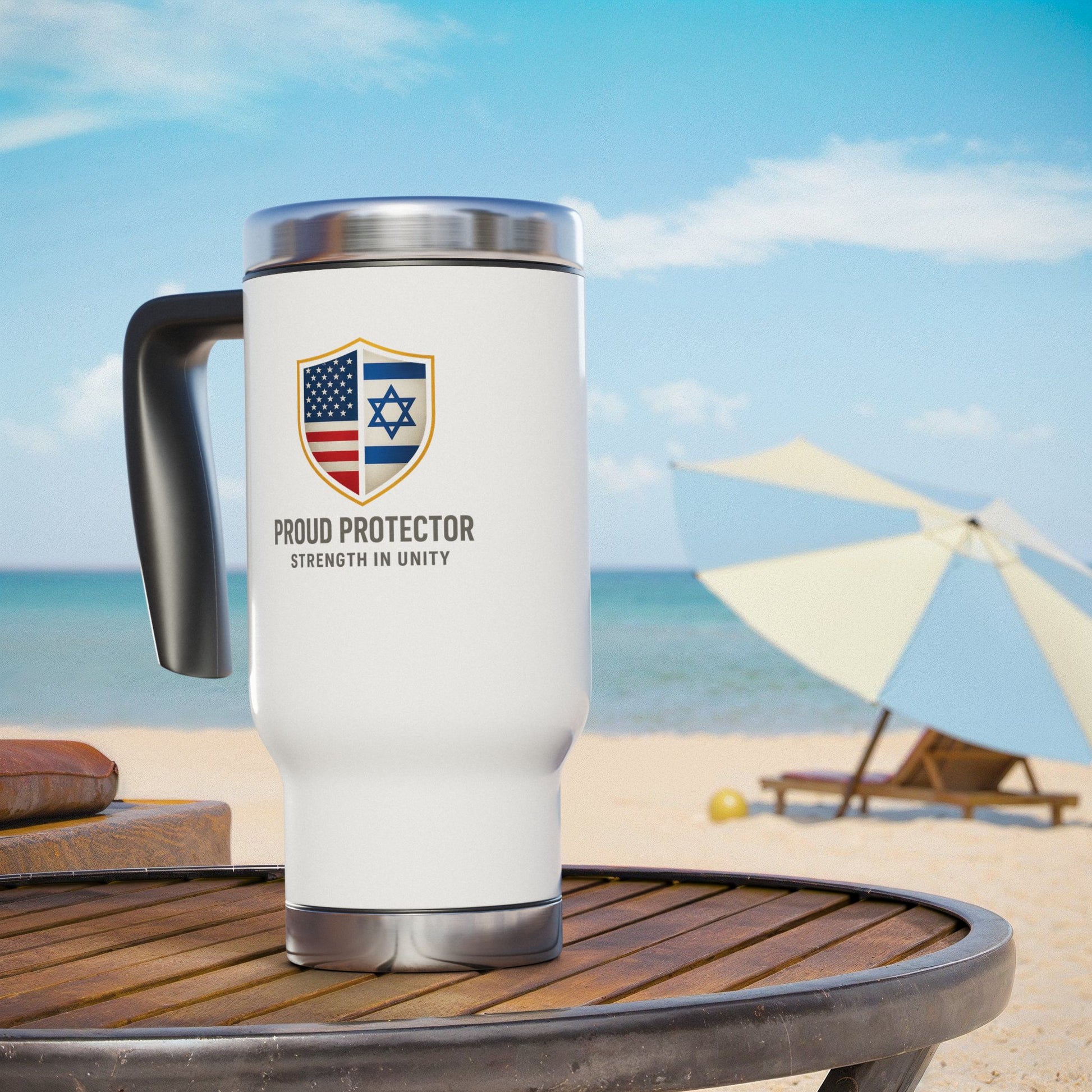 Proud Protector Stainless Steel Travel Mug with Handle, 14oz - American Zionist