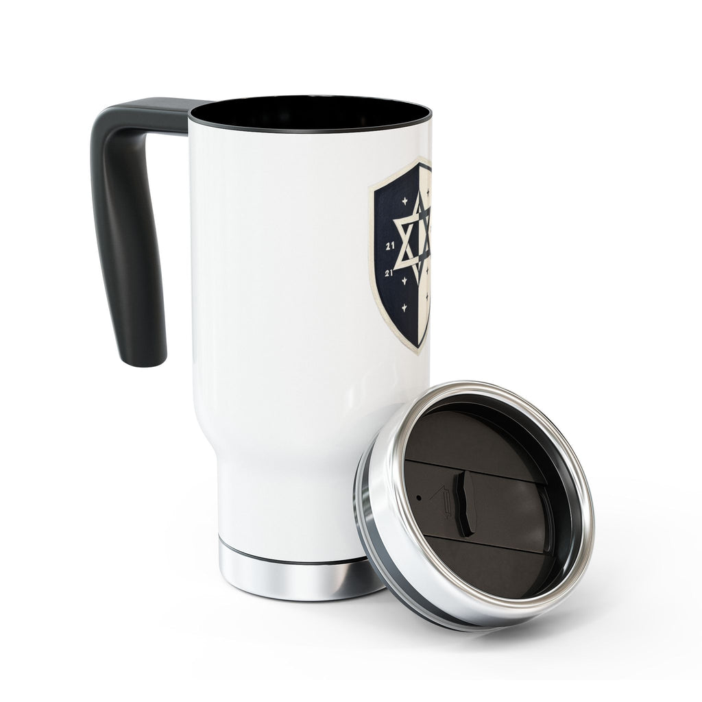 Black and White Shield Stainless Steel Travel Mug with Handle, 14oz - American Zionist