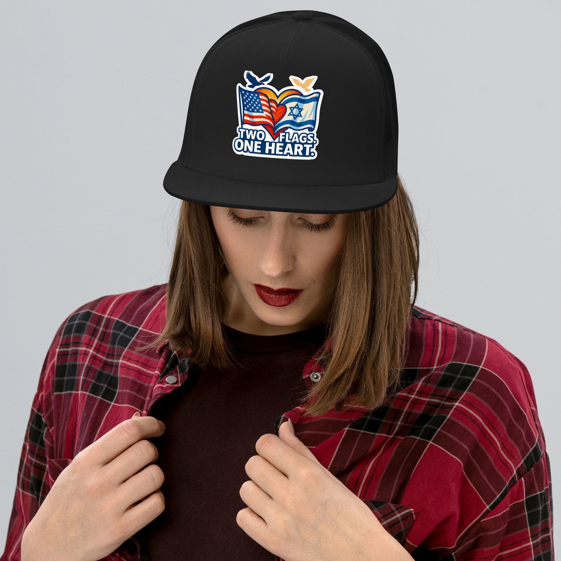 Two Flags. One Heart 5 Panel Trucker Cap - American Zionist