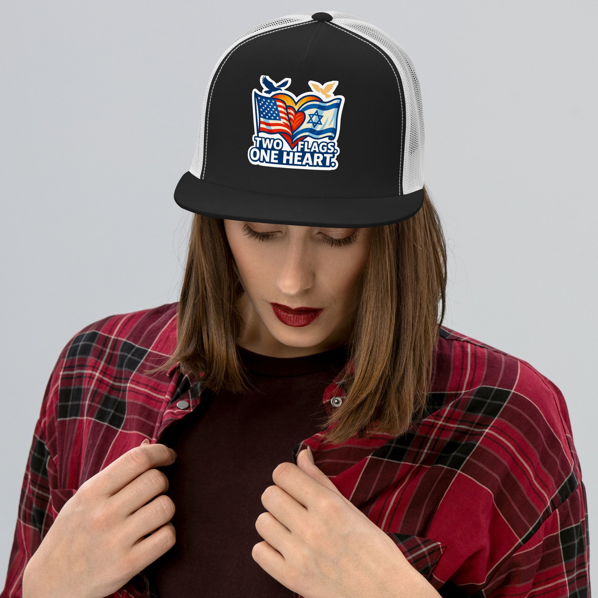 Two Flags. One Heart 5 Panel Trucker Cap - American Zionist