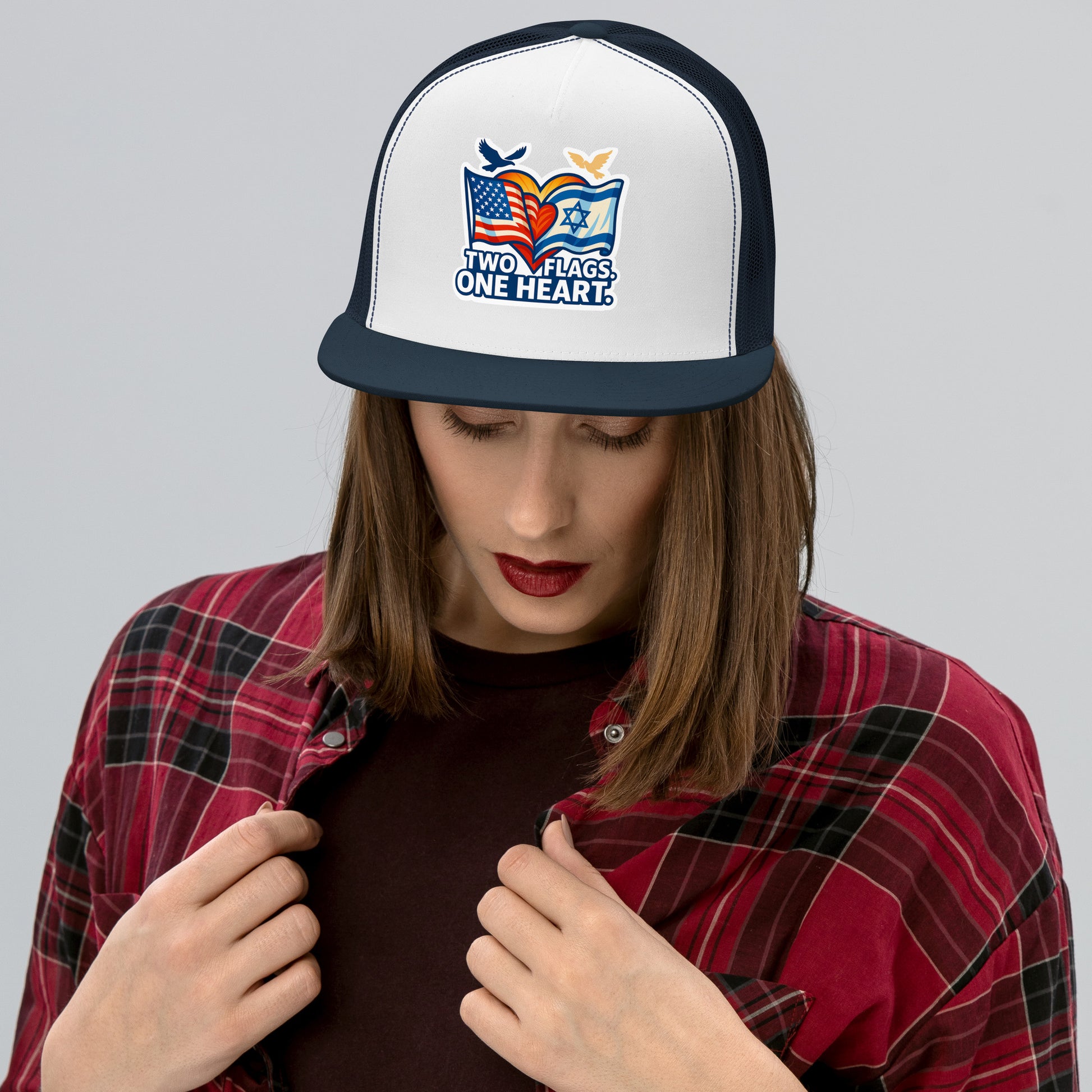 Two Flags. One Heart 5 Panel Trucker Cap - American Zionist