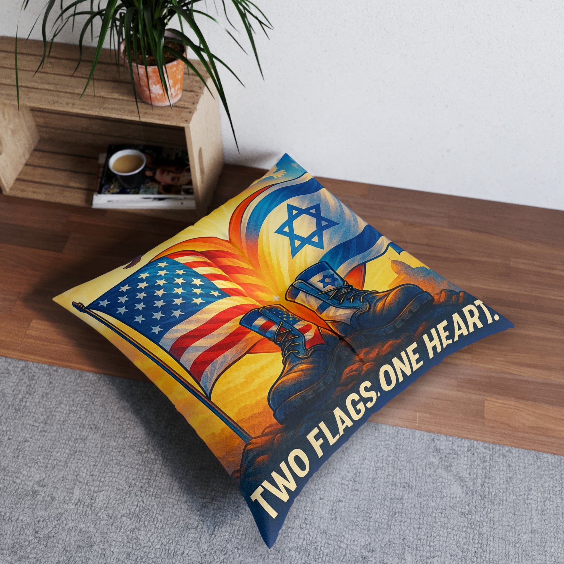 Two Flags One Heart Tufted Floor Pillow, Square - American Zionist