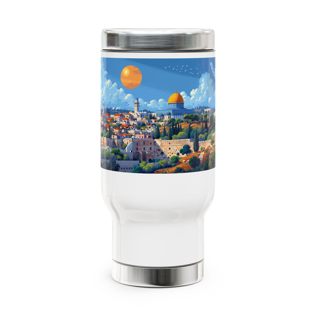 Jerusalem City Skyline Stainless Steel Travel Mug with Handle, 14oz - American Zionist