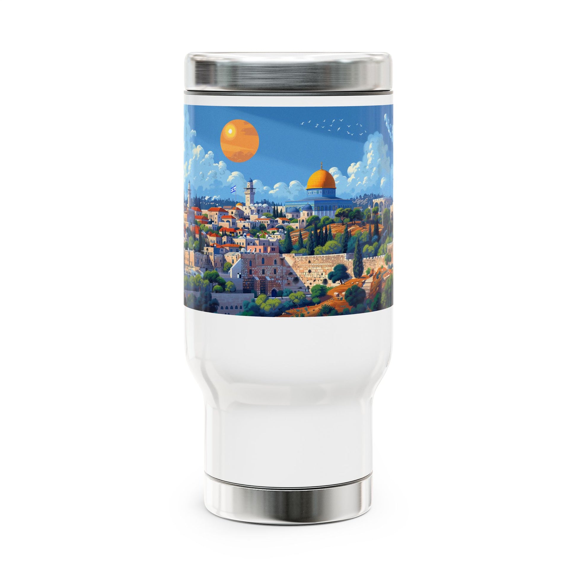 Jerusalem City Skyline Stainless Steel Travel Mug with Handle, 14oz - American Zionist