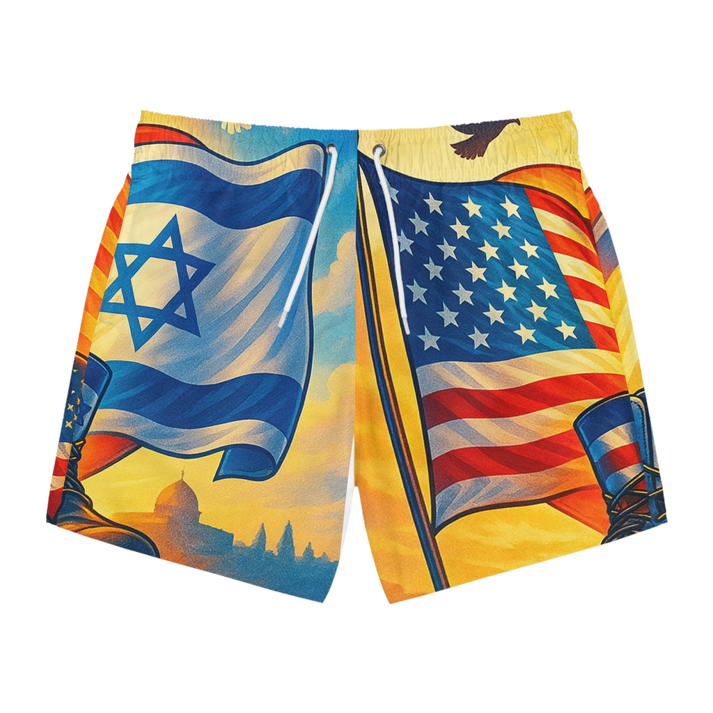 Two Flags. One Heart Swim Trunks (AOP) - American Zionist