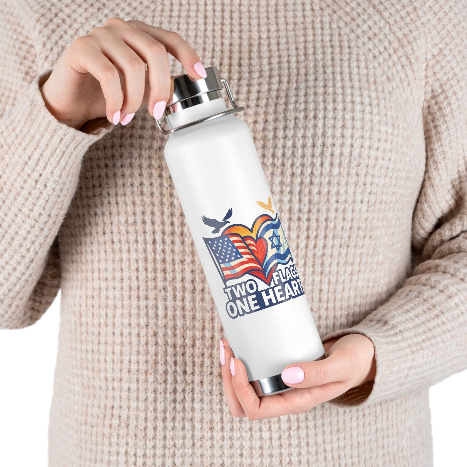 Two Flags. One Heart, Copper Vacuum Insulated Bottle, 22oz - American Zionist