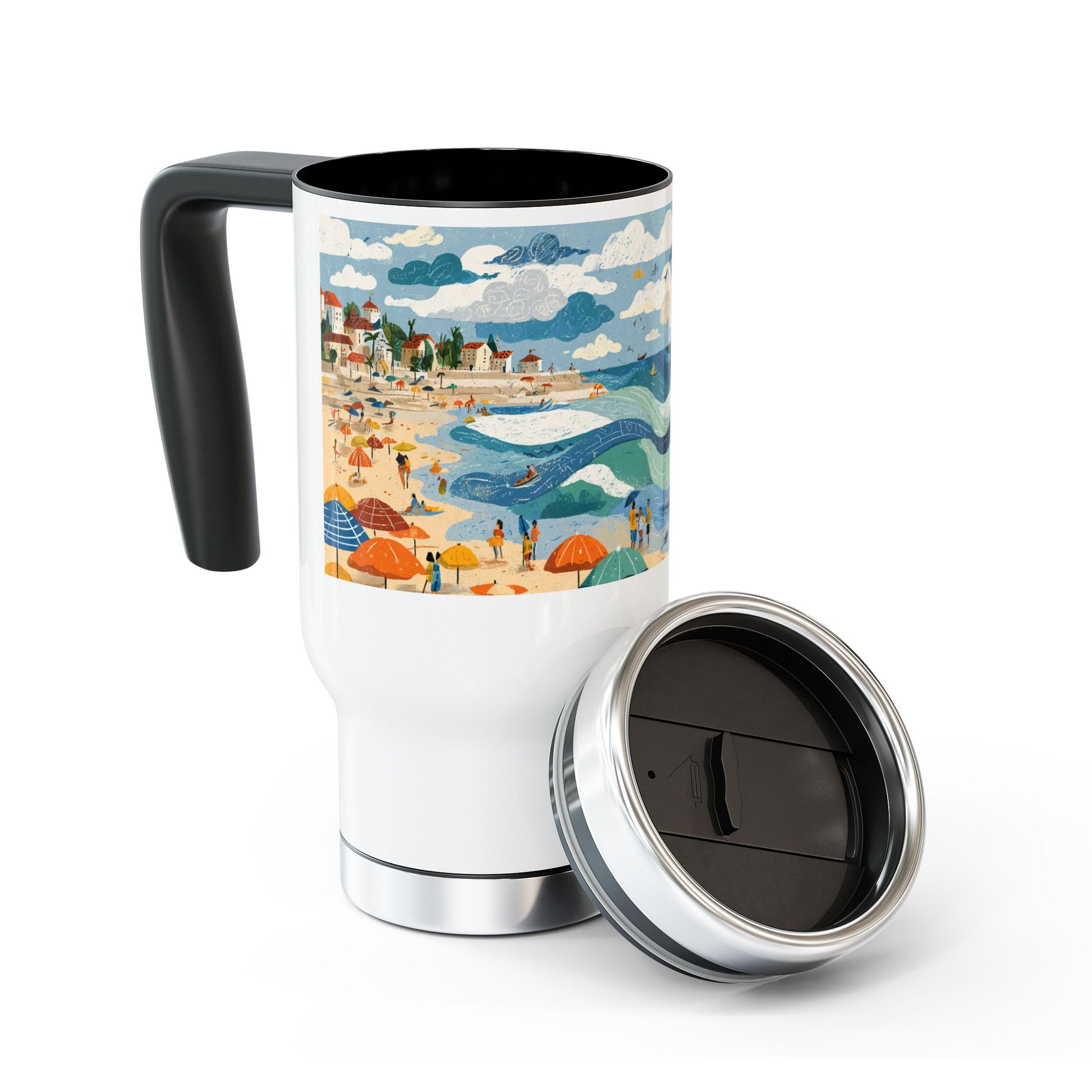 Tel Aviv Beach Stainless Steel Travel Mug with Handle, 14oz - American Zionist