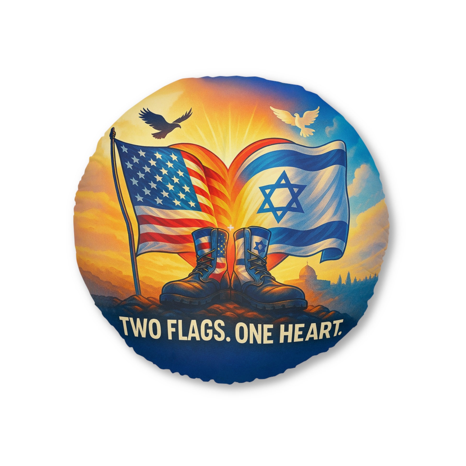 Two Flags One Heart Tufted Floor Pillow, Round - American Zionist