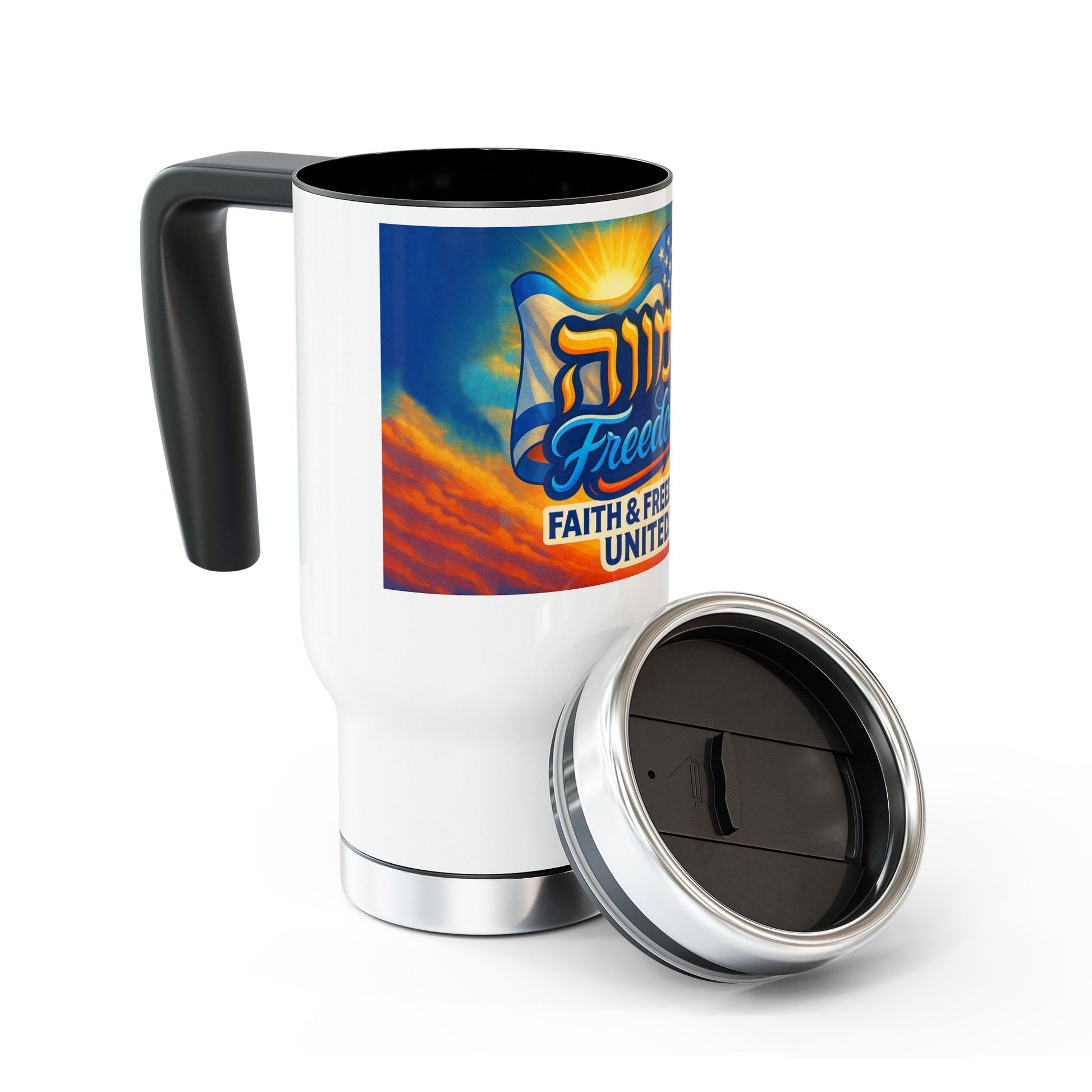 Faith Freedom United Stainless Steel Travel Mug with Handle, 14oz - American Zionist