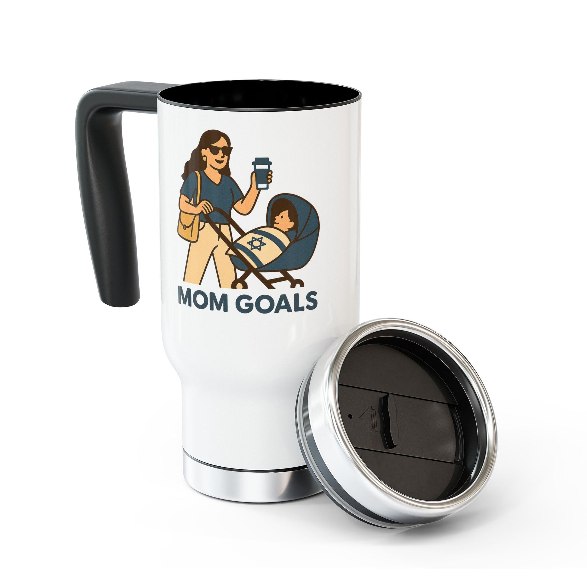 Mom Goals Stainless Steel Travel Mug with Handle, 14oz - American Zionist