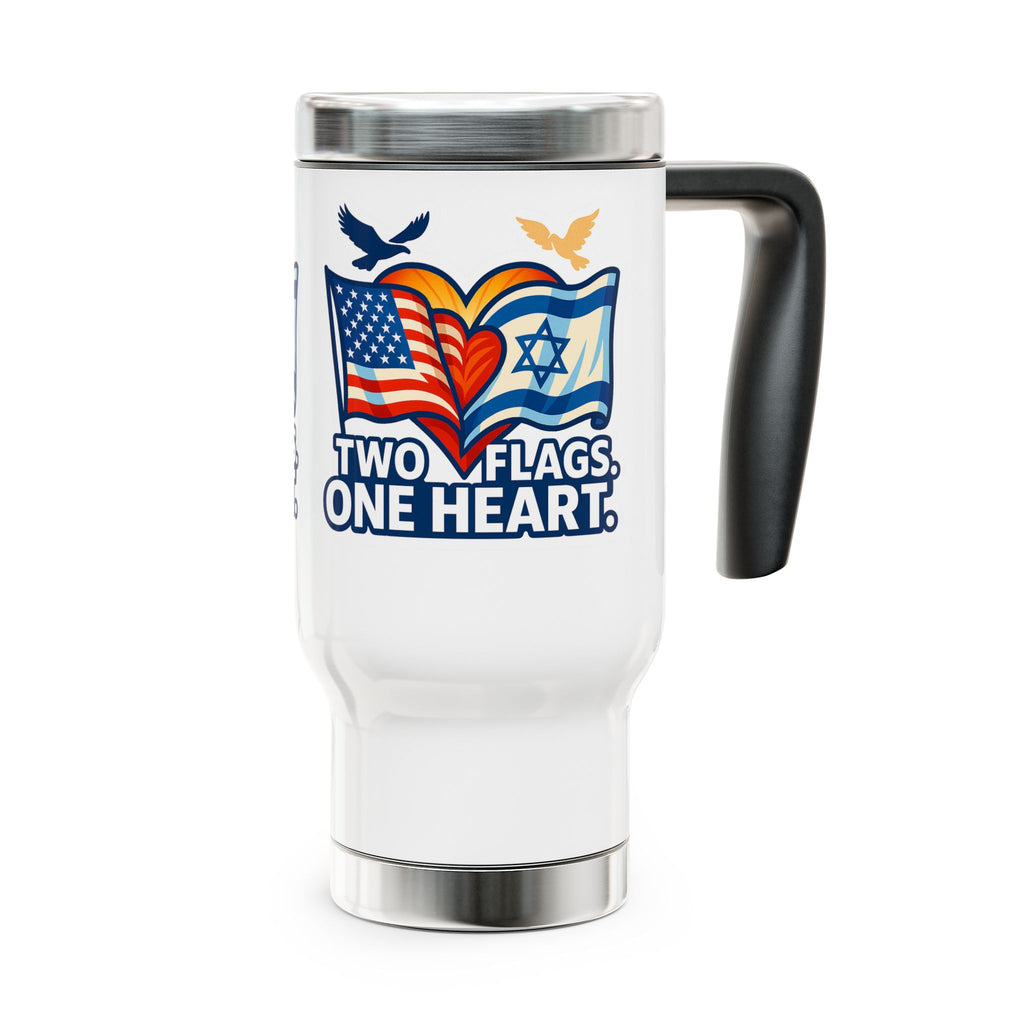 Two Flags. One Heart, Stainless Steel Travel Mug with Handle, 14oz - American Zionist