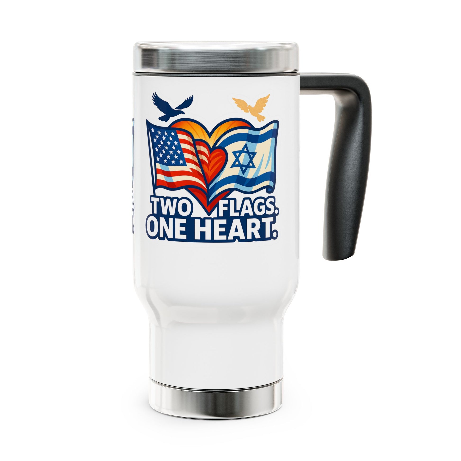 Two Flags. One Heart, Stainless Steel Travel Mug with Handle, 14oz - American Zionist