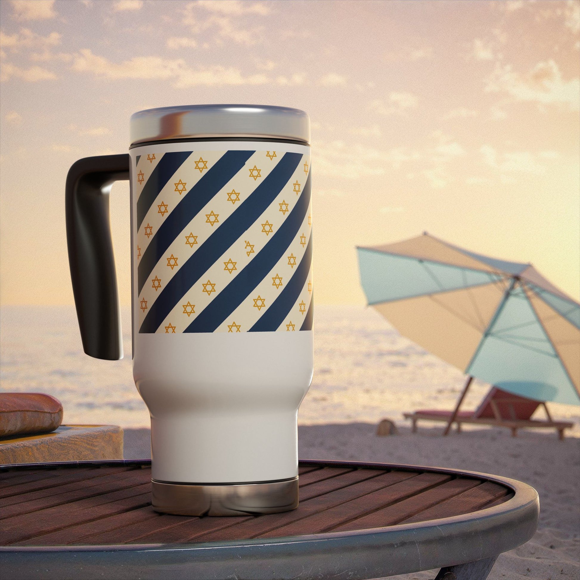 Israel Regalia Stripe Stainless Steel Travel Mug with Handle, 14oz - American Zionist