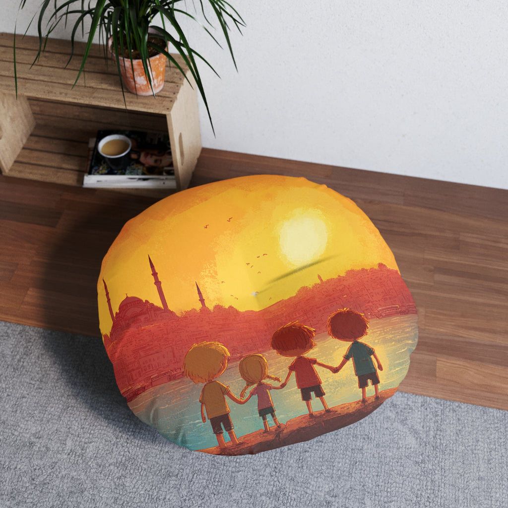 Jewish Kids Over Sunset Tufted Floor Pillow, Round - American Zionist