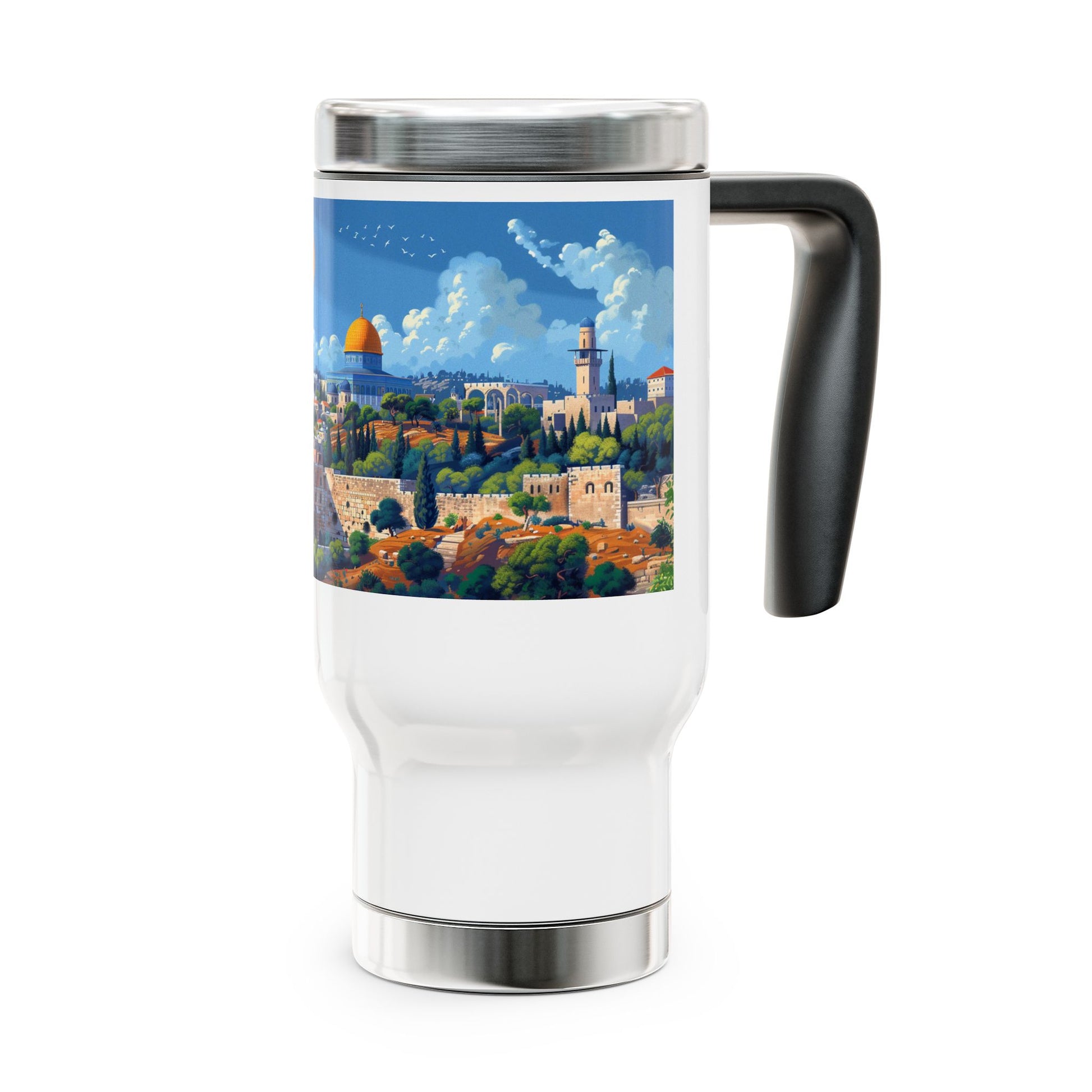 Jerusalem City Skyline Stainless Steel Travel Mug with Handle, 14oz - American Zionist