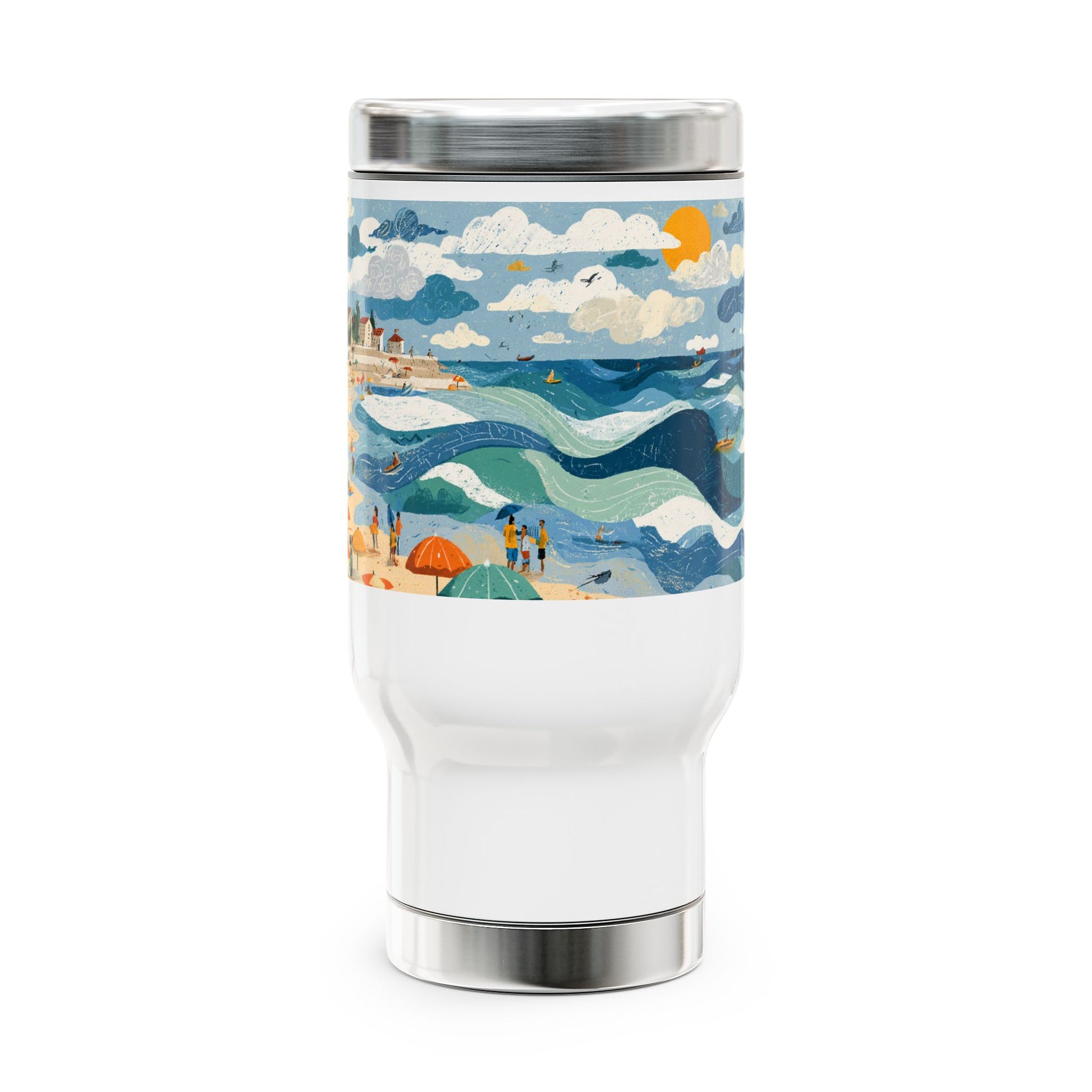 Tel Aviv Beach Stainless Steel Travel Mug with Handle, 14oz - American Zionist