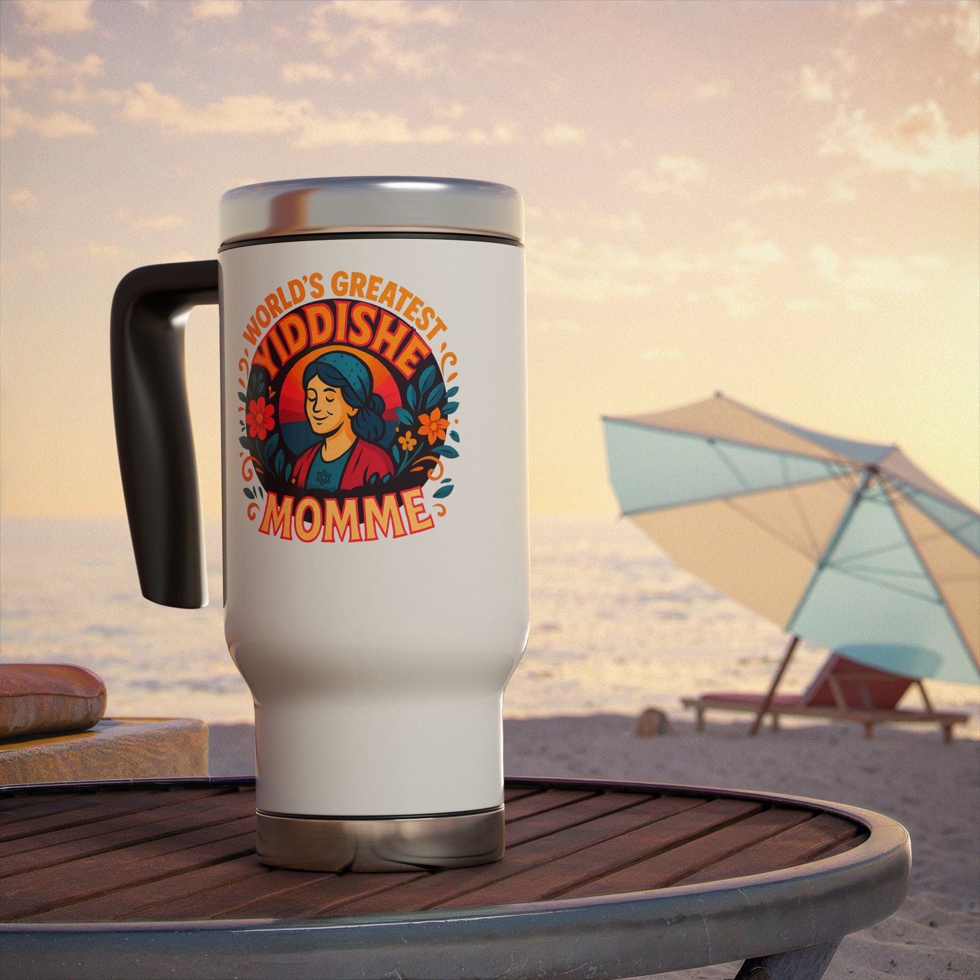 Yiddishe Momme Stainless Steel Travel Mug with Handle, 14oz - American Zionist