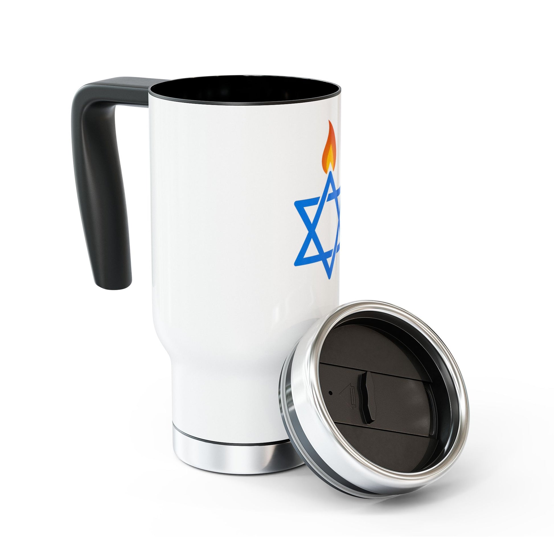 Fire Stars Of David Stainless Steel Travel Mug with Handle, 14oz - American Zionist