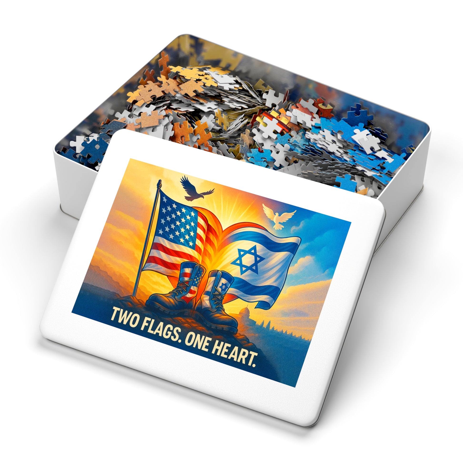 Two Flags One Heart Jigsaw Puzzle with Tin - American Zionist