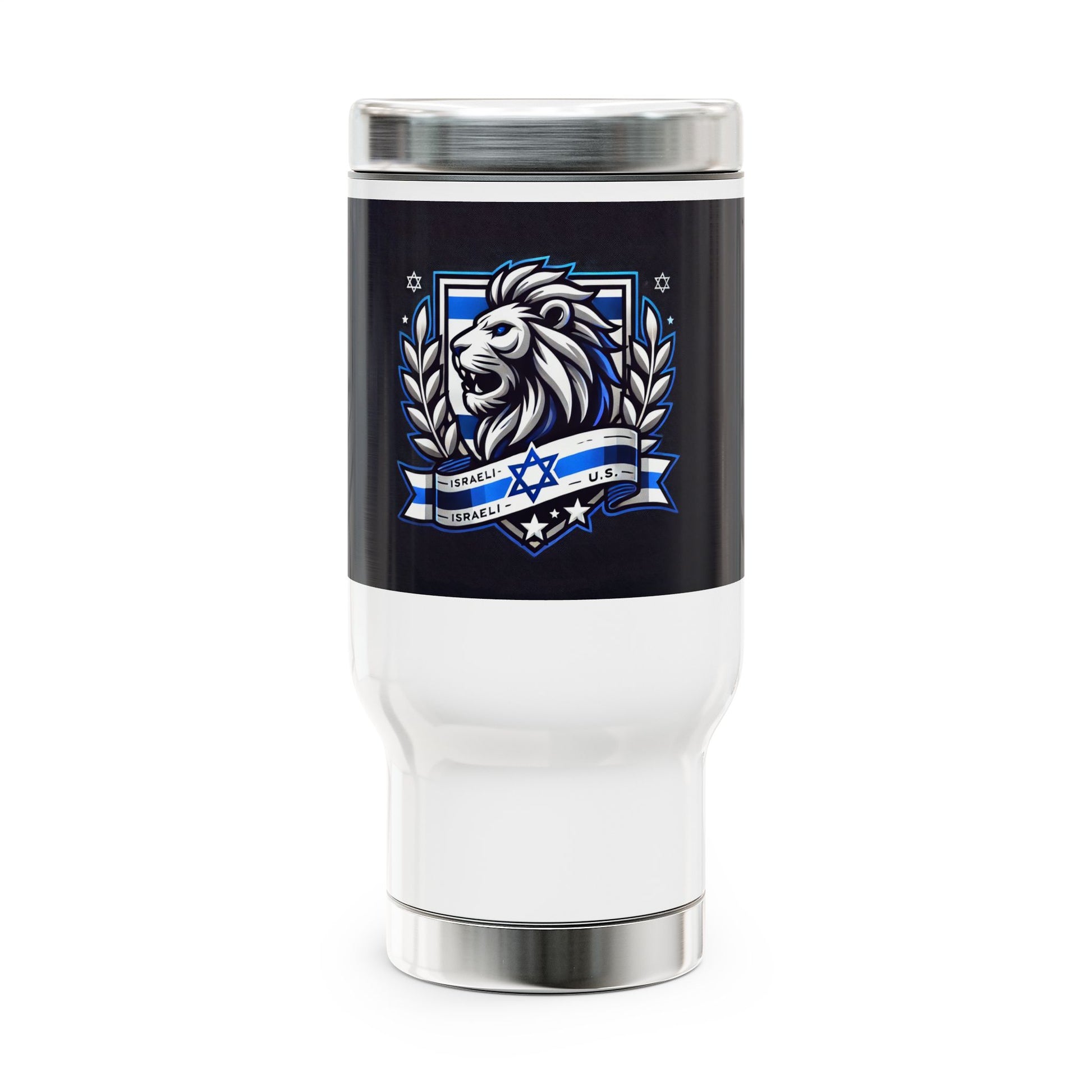 Lion of Judah Crest Stainless Steel Travel Mug with Handle, 14oz - American Zionist