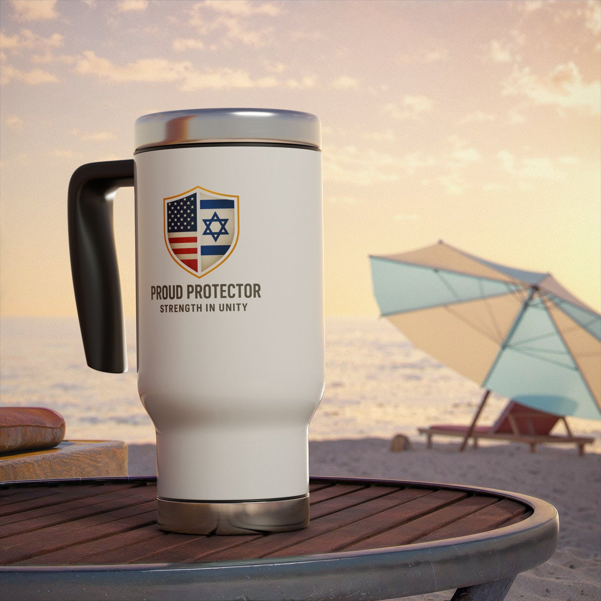 Proud Protector Stainless Steel Travel Mug with Handle, 14oz - American Zionist
