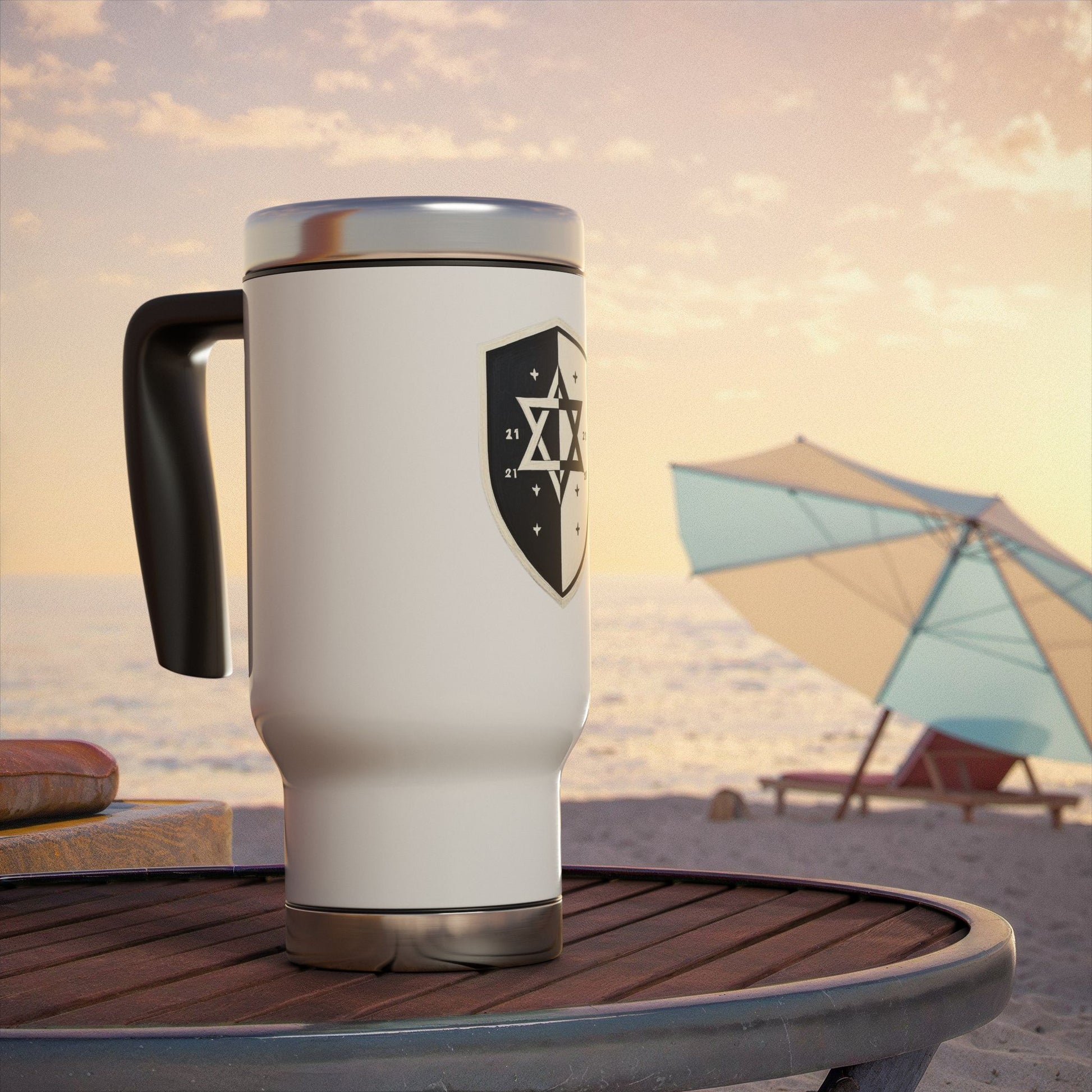 Black and White Shield Stainless Steel Travel Mug with Handle, 14oz - American Zionist