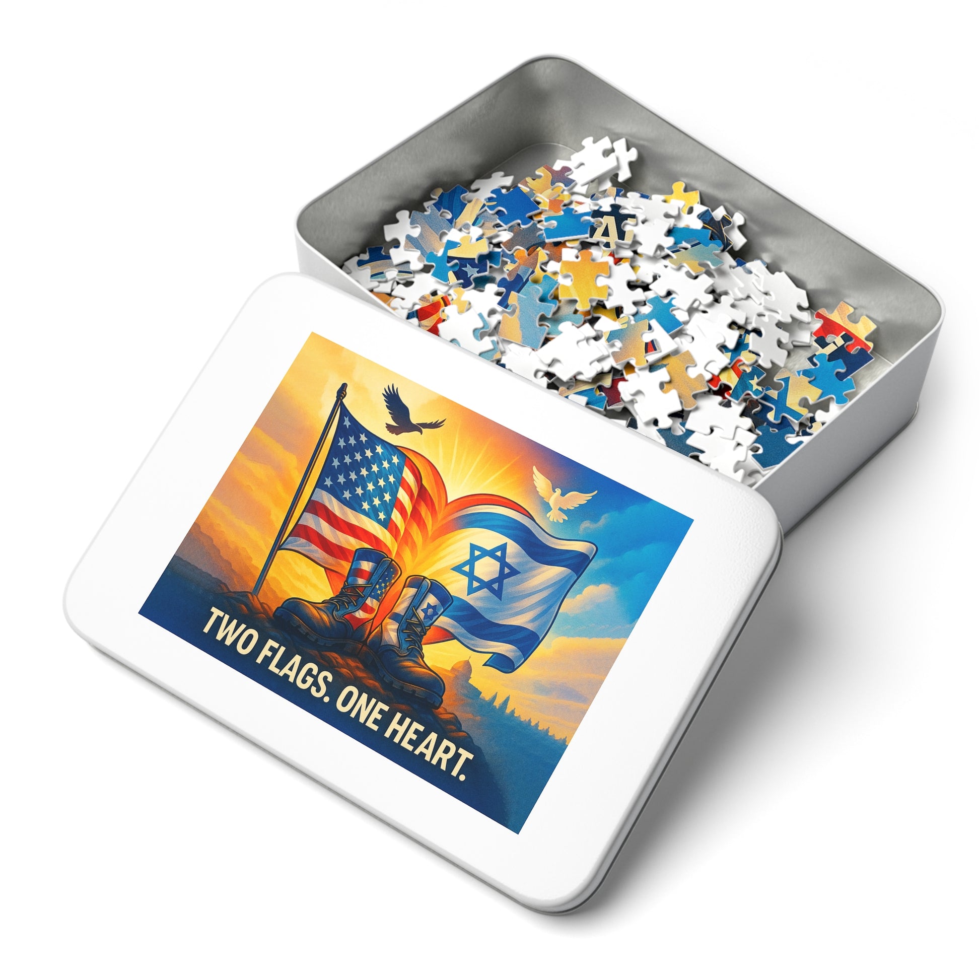 Two Flags One Heart Jigsaw Puzzle with Tin - American Zionist