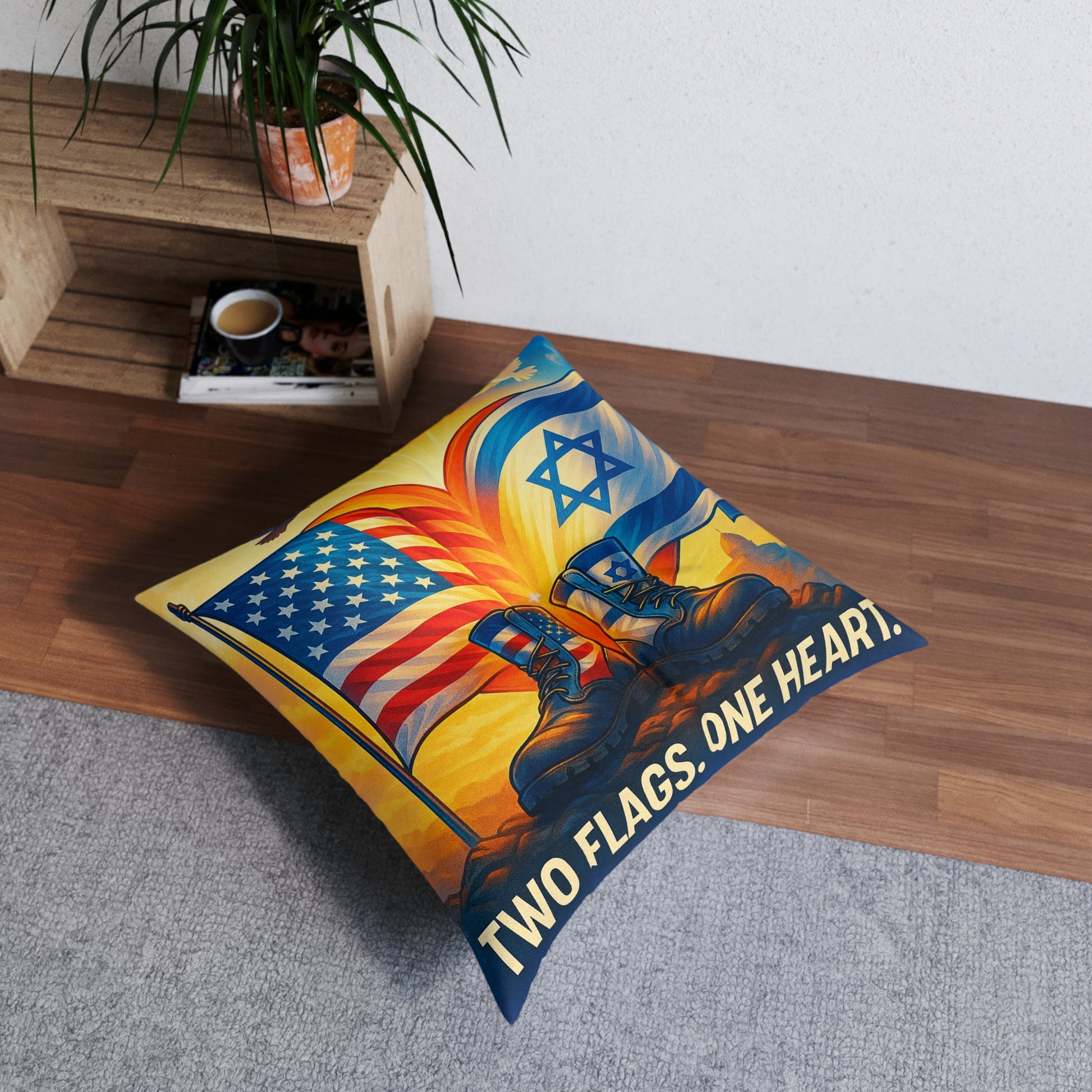 Two Flags One Heart Tufted Floor Pillow, Square - American Zionist