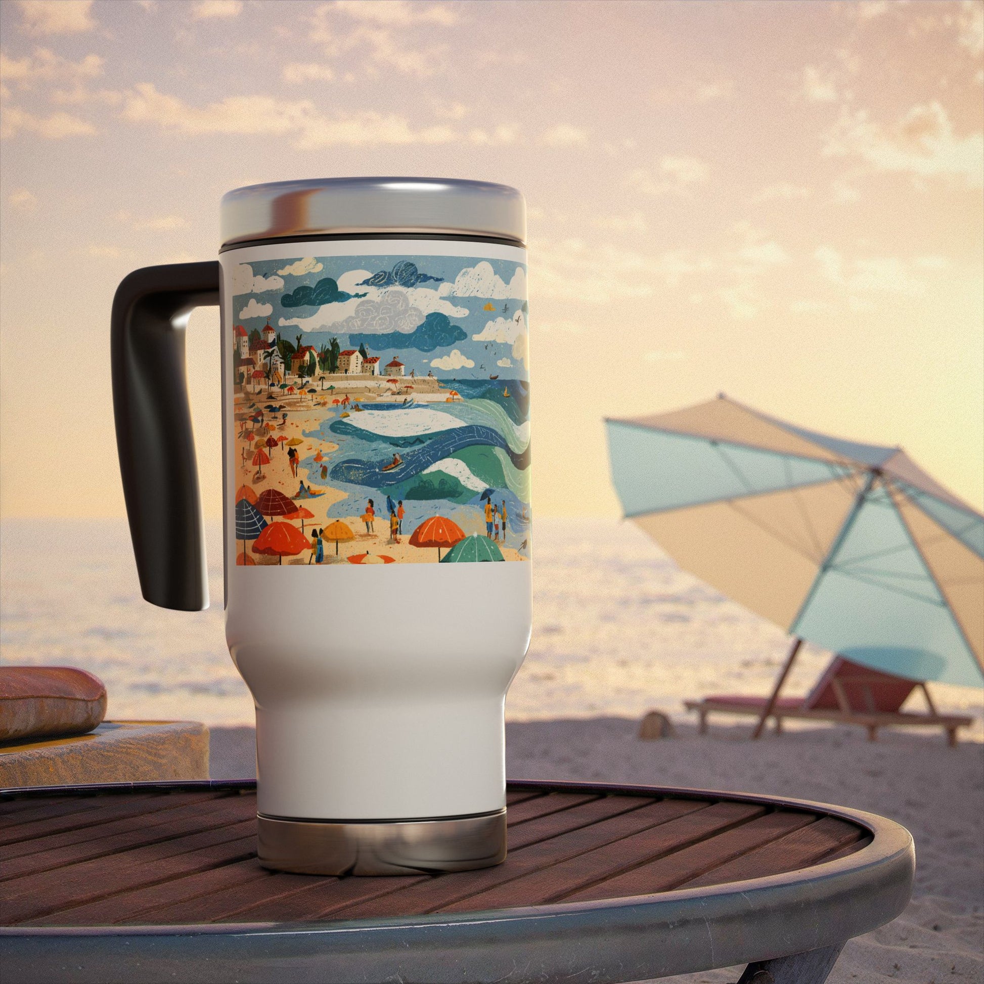 Tel Aviv Beach Stainless Steel Travel Mug with Handle, 14oz - American Zionist