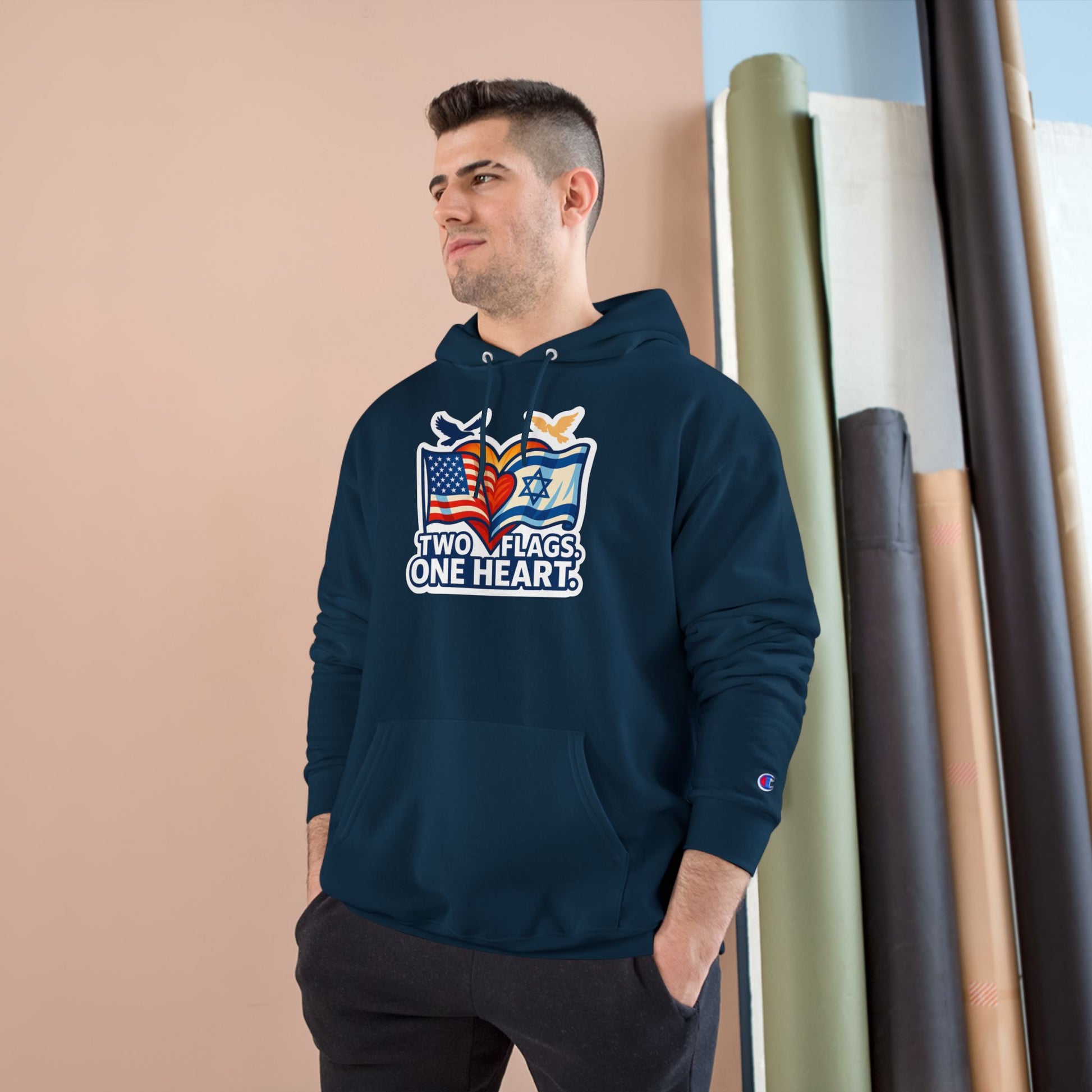 Two Flags. One Heart Champion Hoodie - American Zionist
