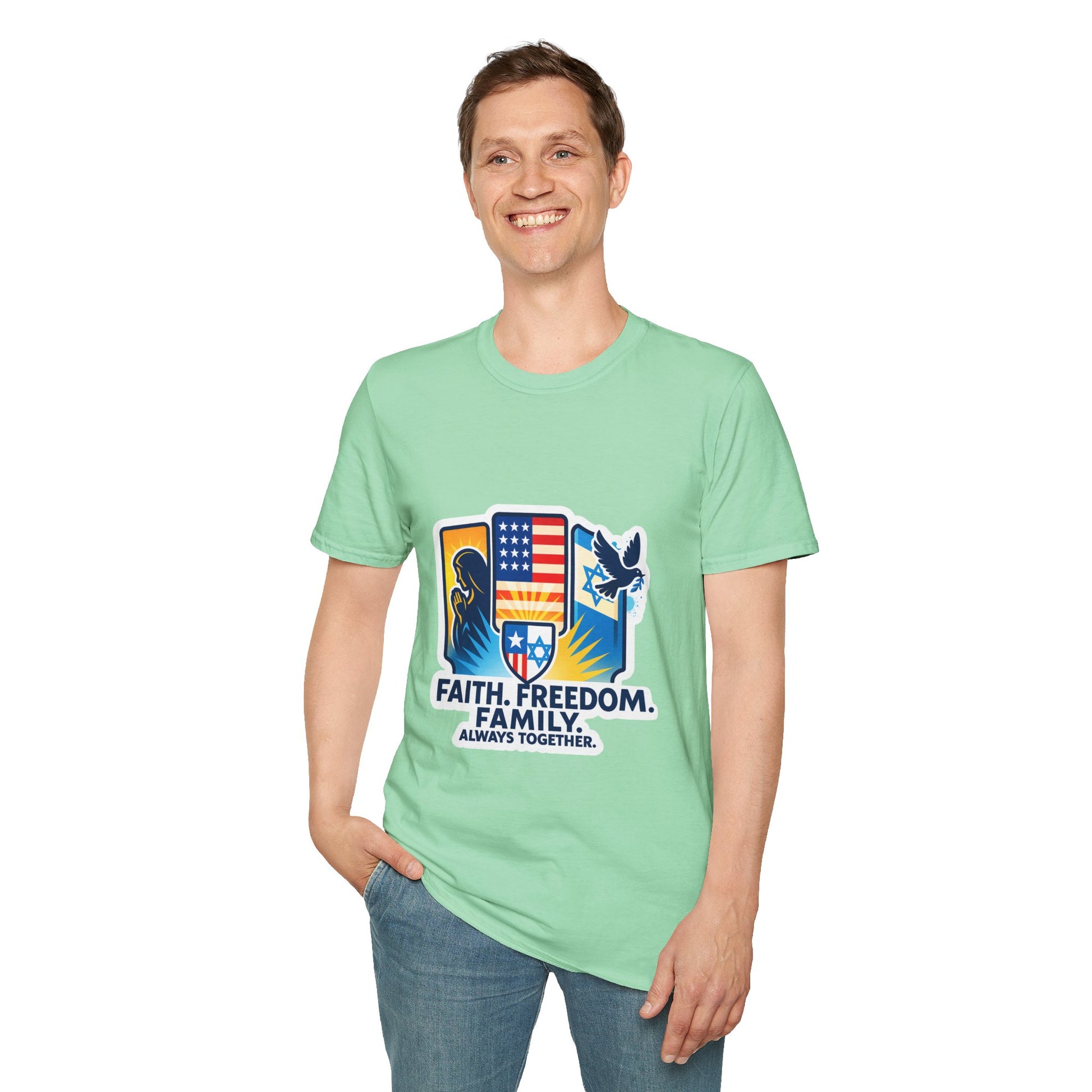 Faith Freedom Family Unisex Softstyle T-Shirt - American Zionist