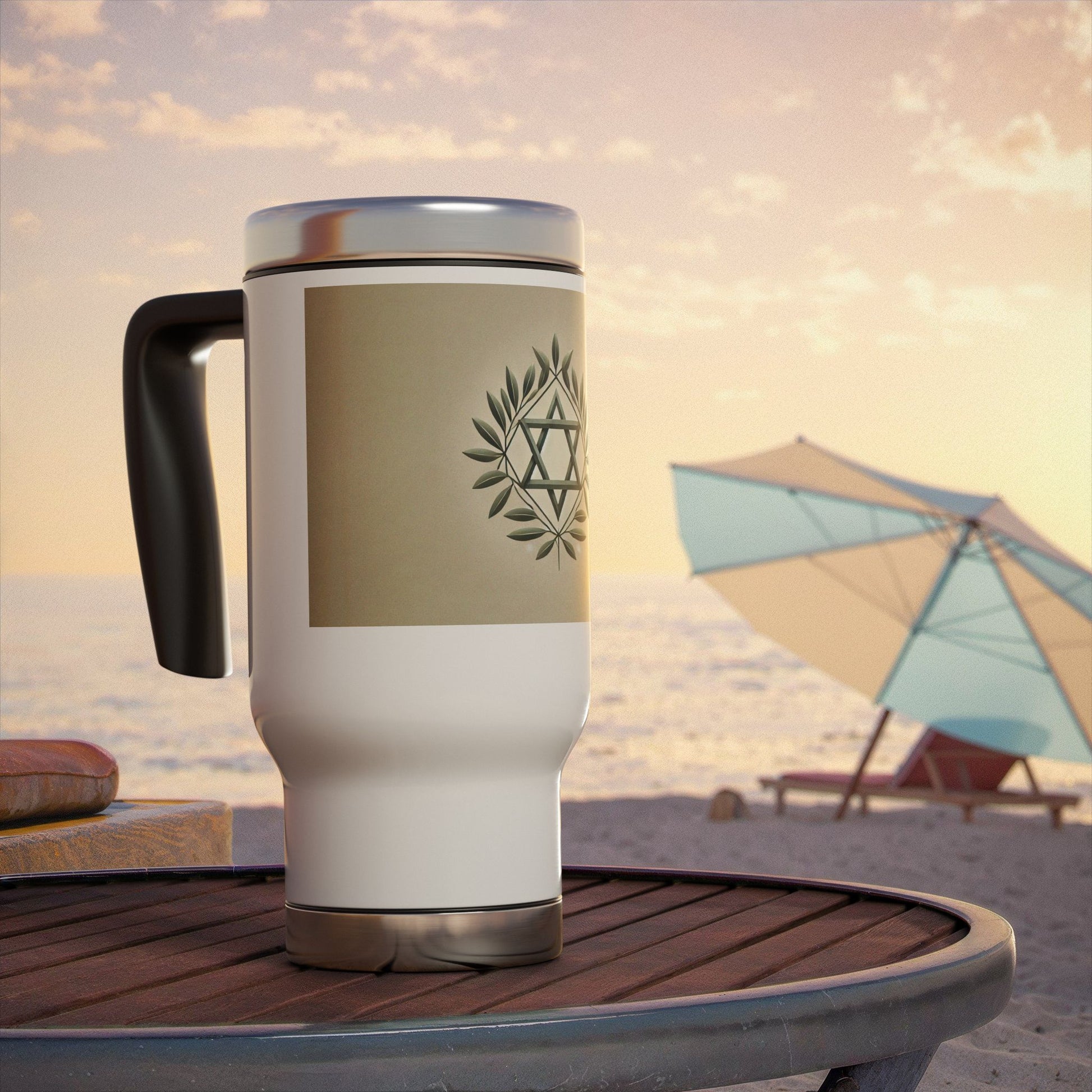 Olive and Star of David Stainless Steel Travel Mug with Handle, 14oz - American Zionist