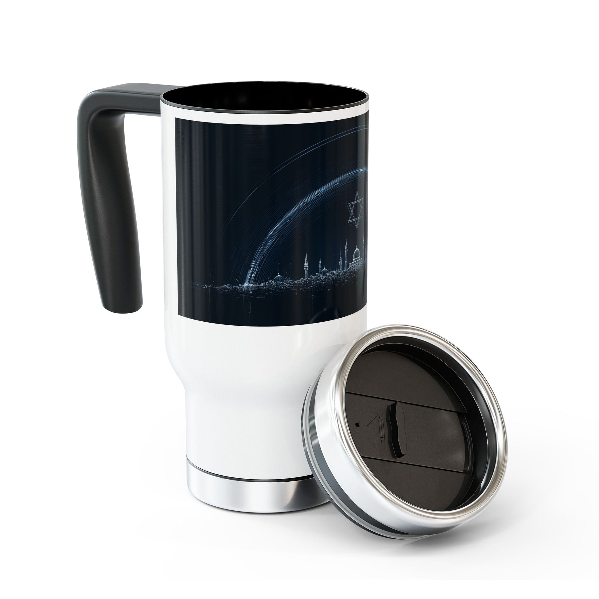 Futuristic City of Israel Stainless Steel Travel Mug with Handle, 14oz - American Zionist